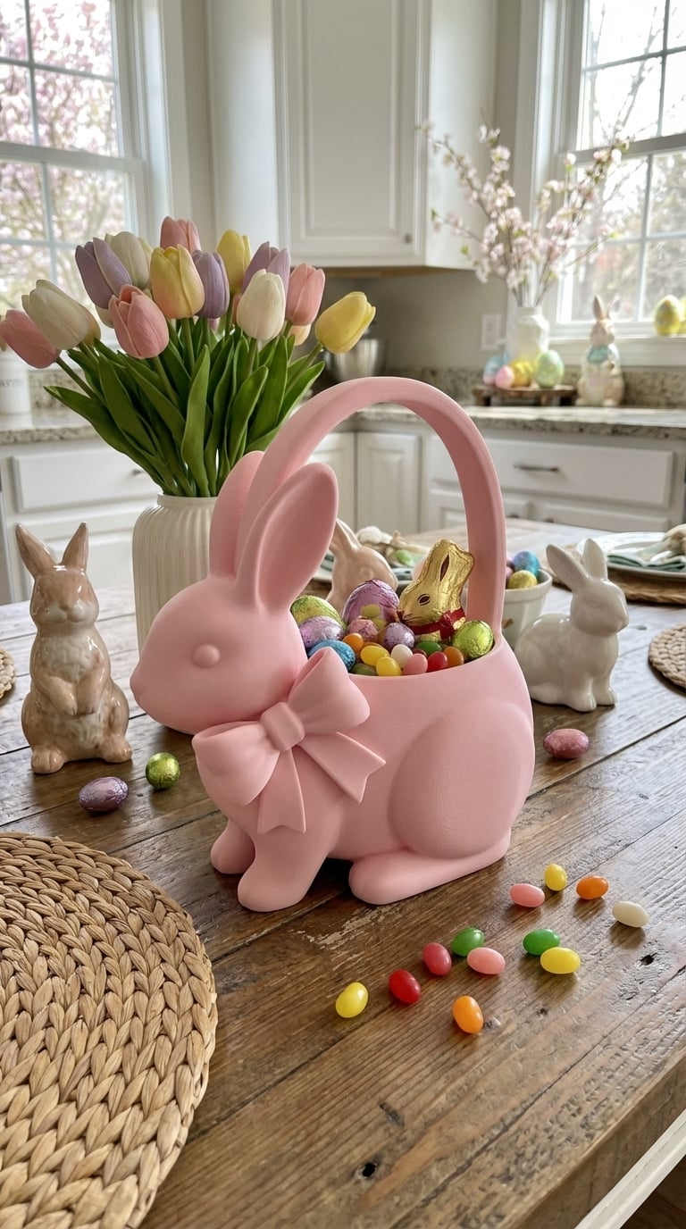Coquette Bunny Easter Basket - Sculptural Rabbit Bow Catchall 3d model
