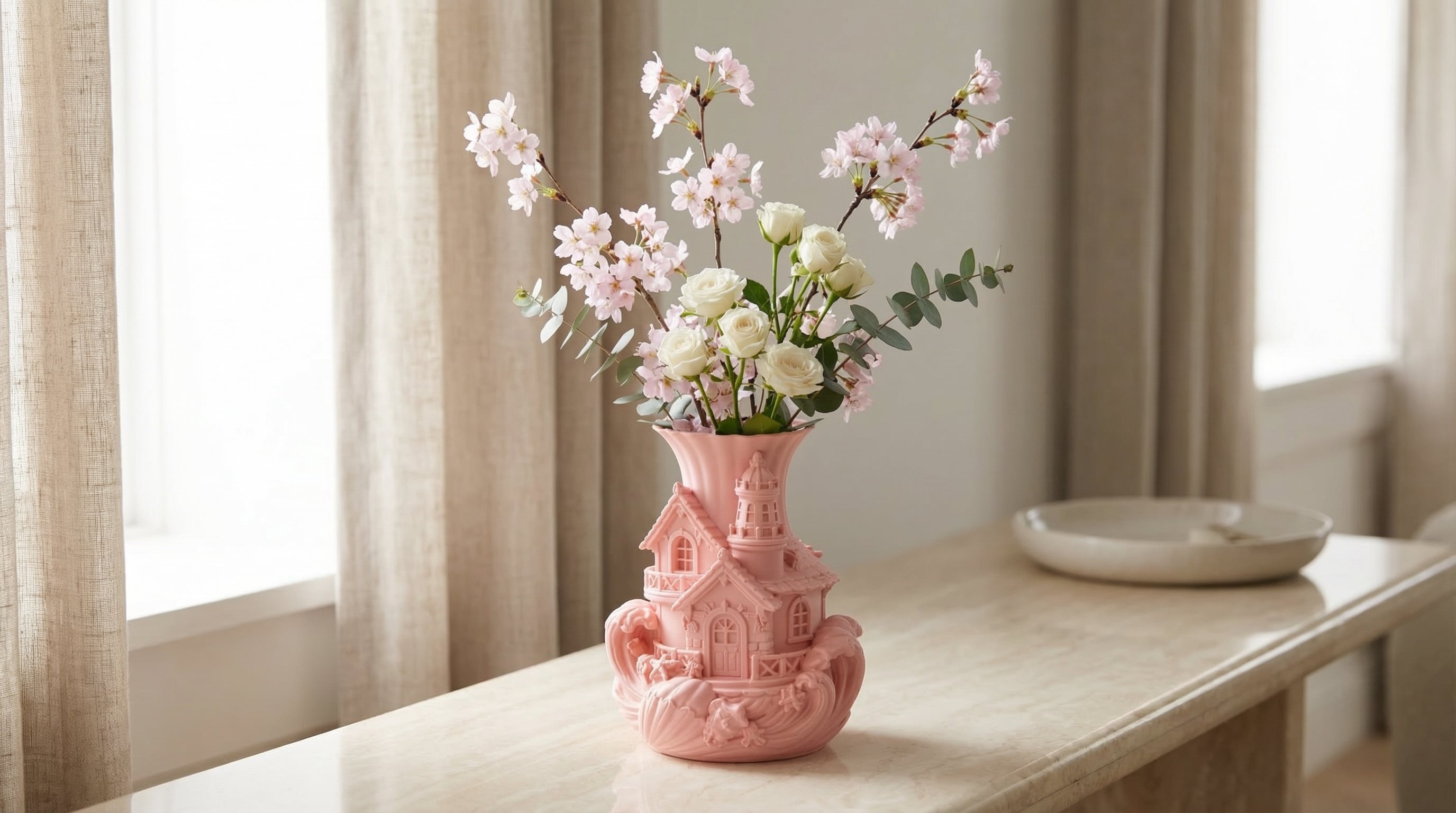 Coastal Cottage & Lighthouse Sculptural Vase - Sakura Pink Nautical Home Decor 3d model