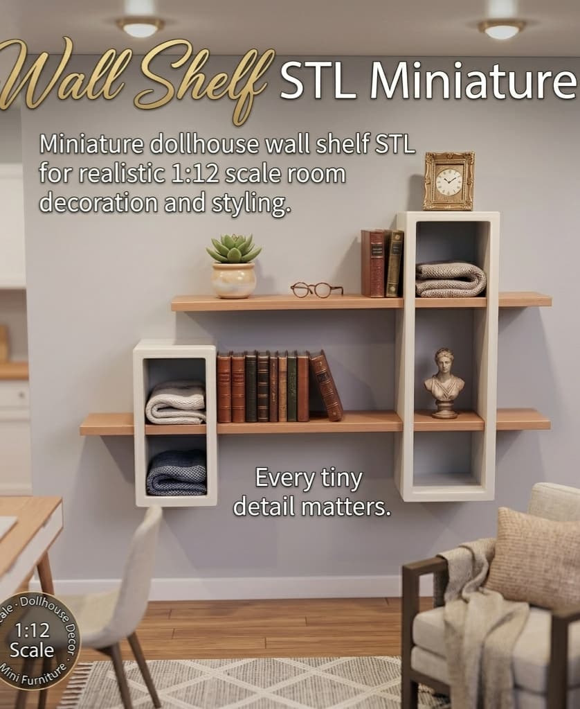 Miniature Dollhouse Wall Shelf STL File, 1:12 Scale Model Dollhouse Mini Furniture, DIY Shelf Décor 3d model