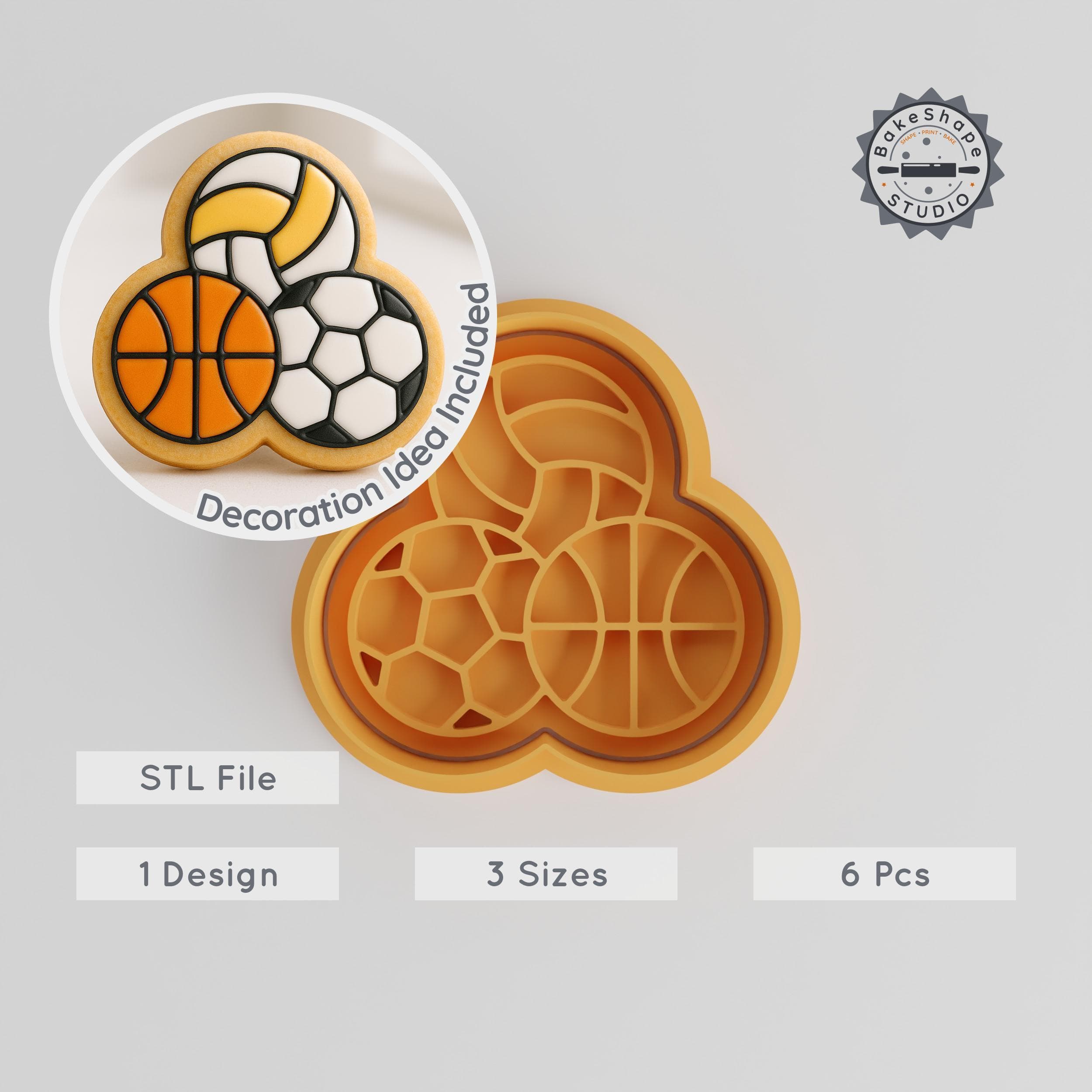 Sports Shape Cutter & Stamp Set, Perfect for Cookies & Fondant, Includes Sizes S/M/L, 6-Piece, Active Recreation Designs PRODUCT_599 3d model