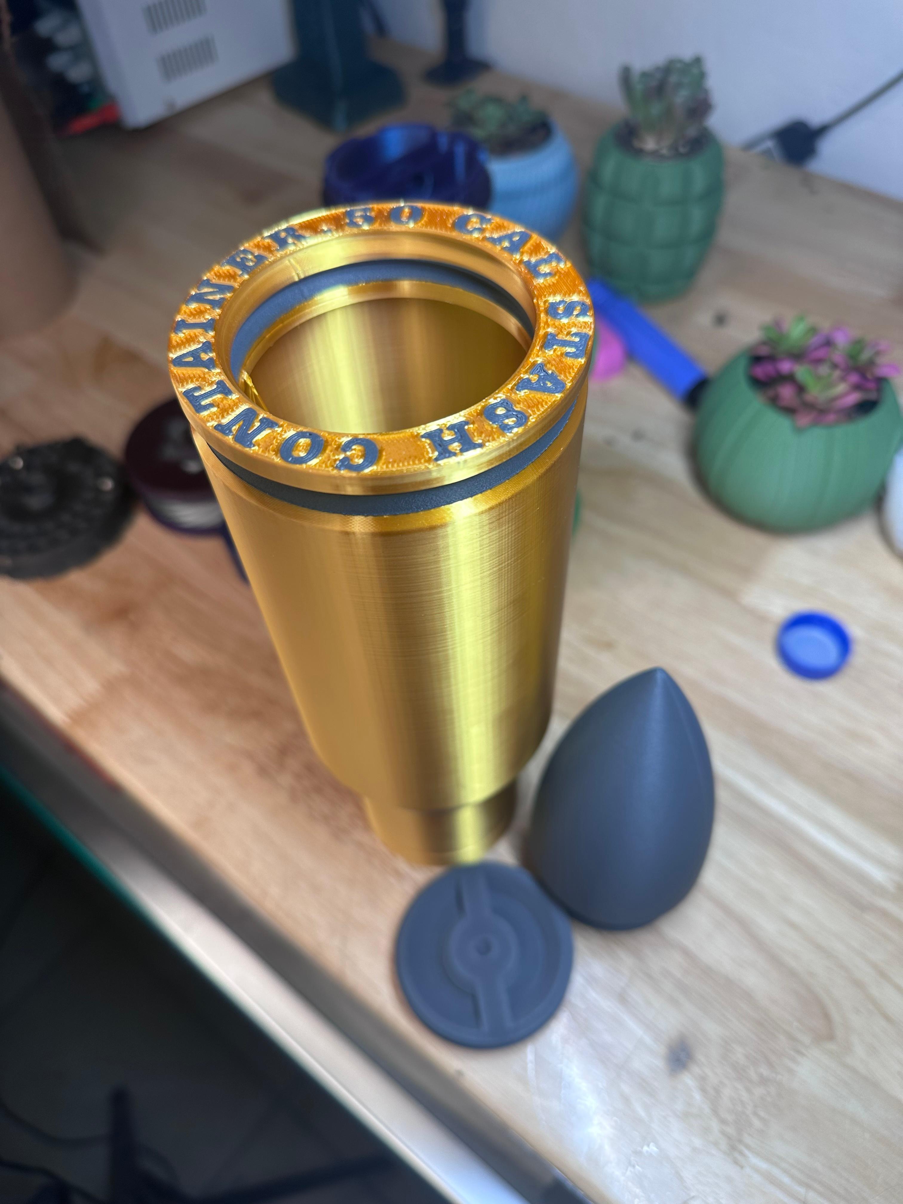 .50 Caliber Stash Container - Threaded and Printed in place. Realistic, fun, Money bank 3d model