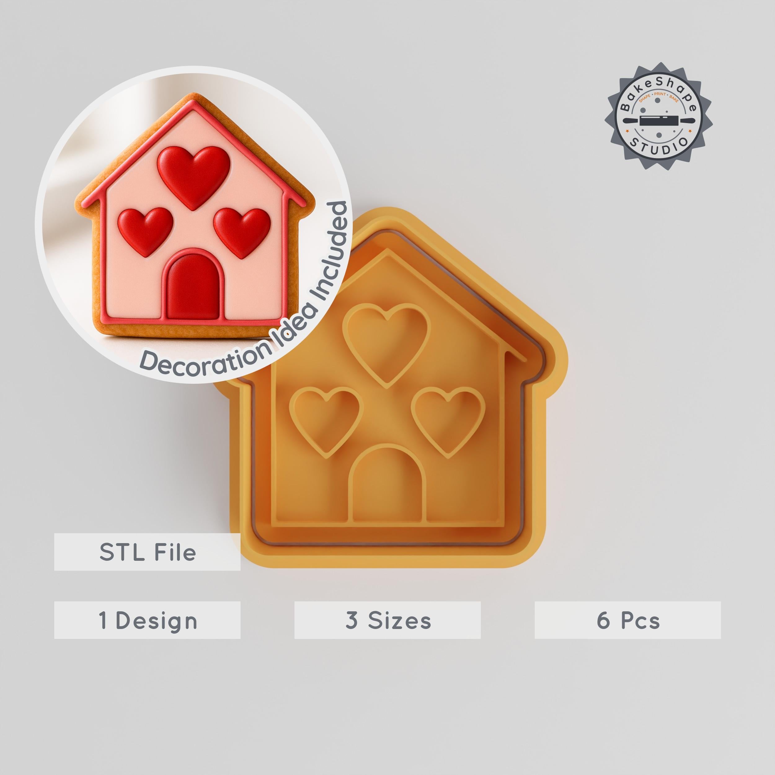 Love Home Cookie Cutter & Stamp Set, Heart-Shaped Design, 6-Piece Collection for Fondant, Baking, S/M/L Sizes PRODUCT_211 3d model