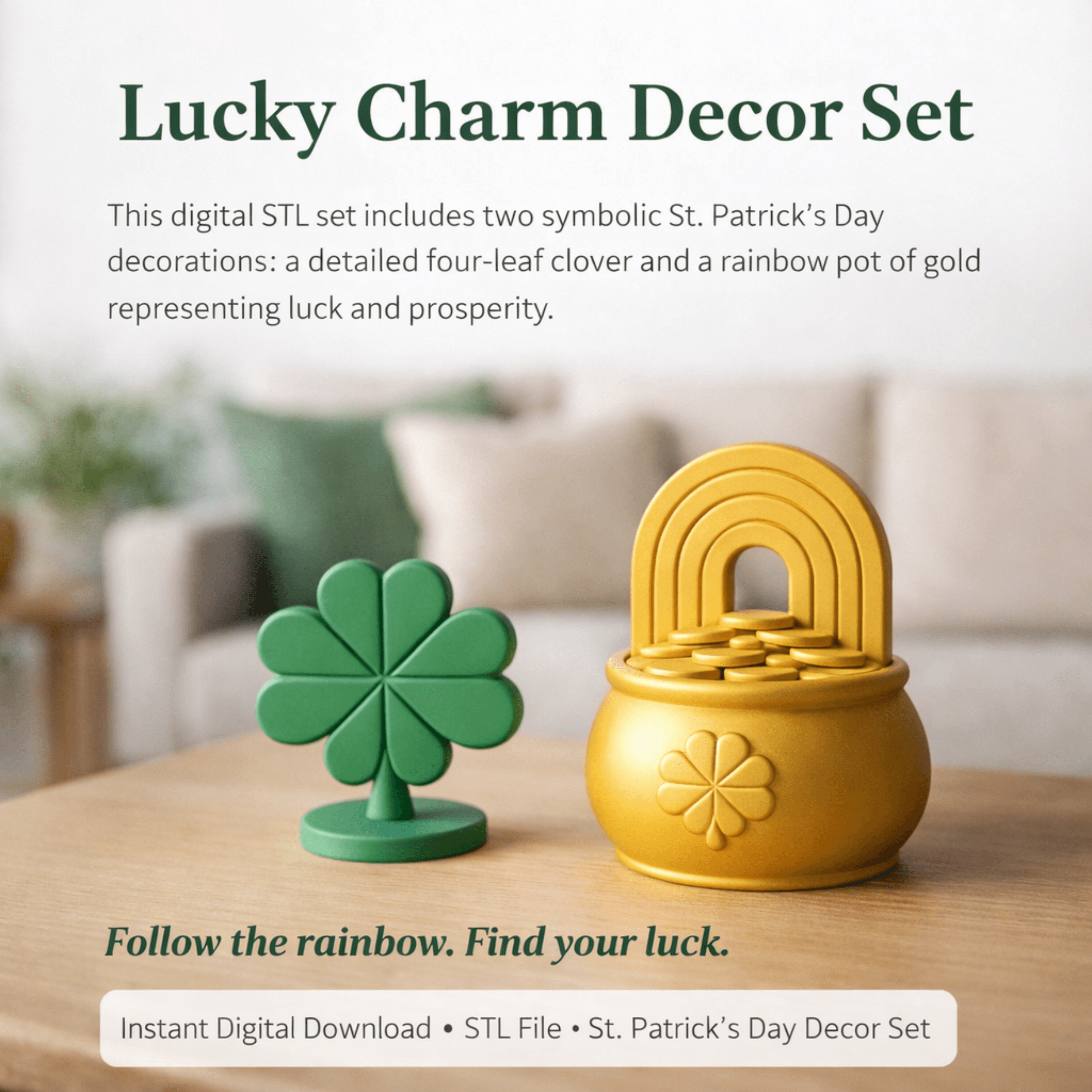 St. Patrick’s Day Lucky Charm STL Set – Four Leaf Clover & Rainbow Pot of Gold Decor 3d model