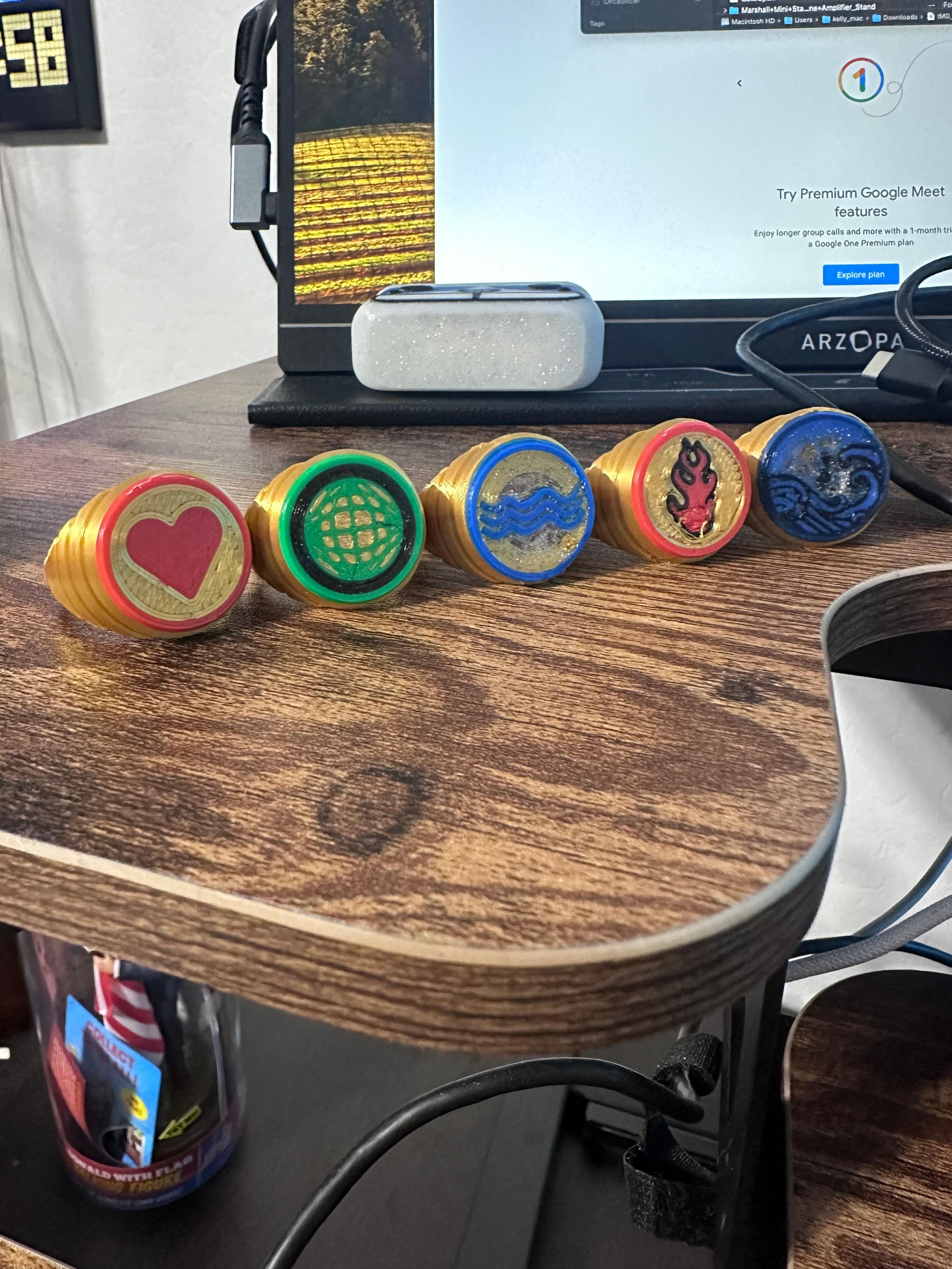Captain Planet Rings - Fire, Water, Wind, Earth, and, Heart rings 3d model