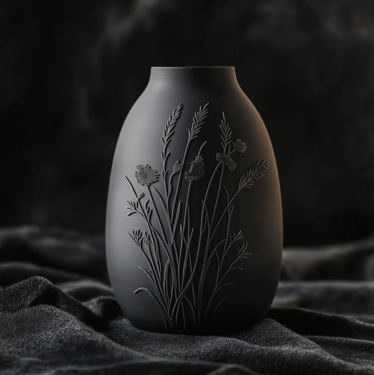 Meadow Vase – 3D Printed Matte Black Vase with Wildflower Embossed Texture for Modern Decor 3d model