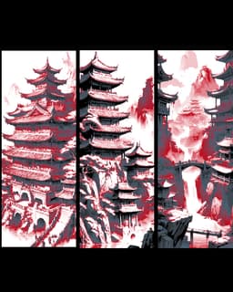 Fantasy view of Asian Mountain Temples in Red and Greys - Set of 3 Bookmarks 3d model
