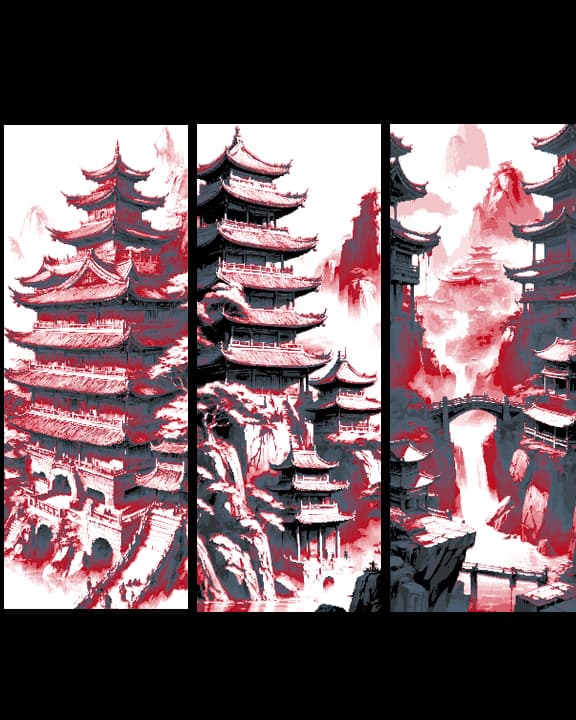 Fantasy view of Asian Mountain Temples in Red and Greys - Set of 3 Bookmarks 3d model