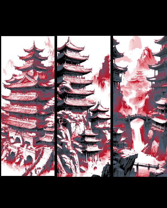 Fantasy view of Asian Mountain Temples in Red and Greys - Set of 3 Bookmarks 3d model