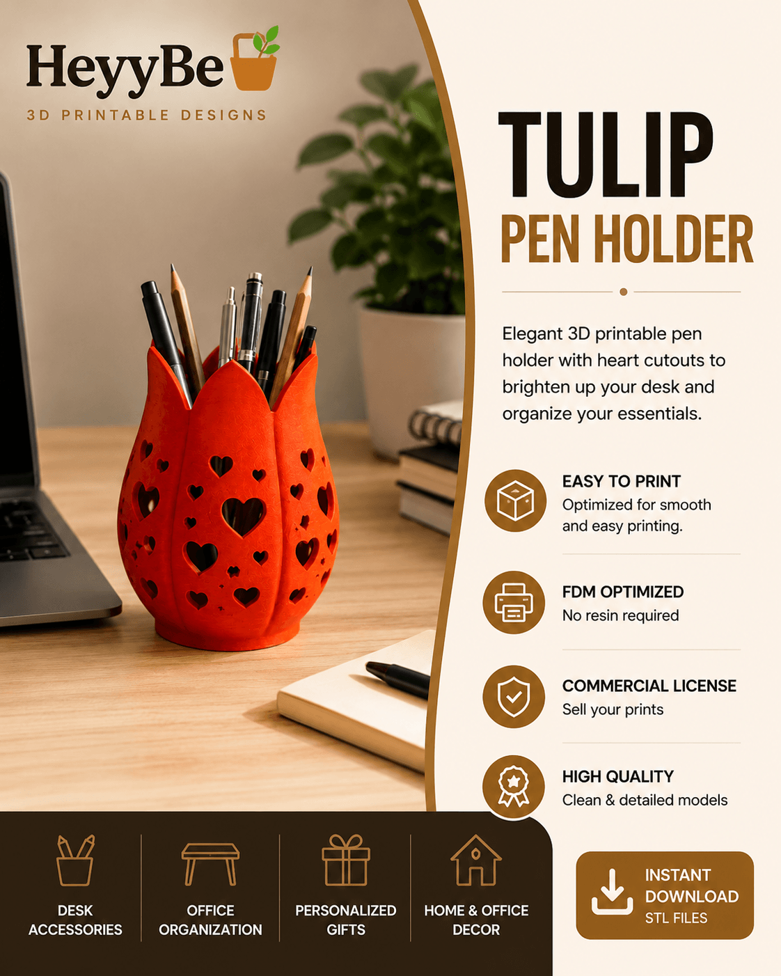 Tulip Heart Pen Holder 3d model