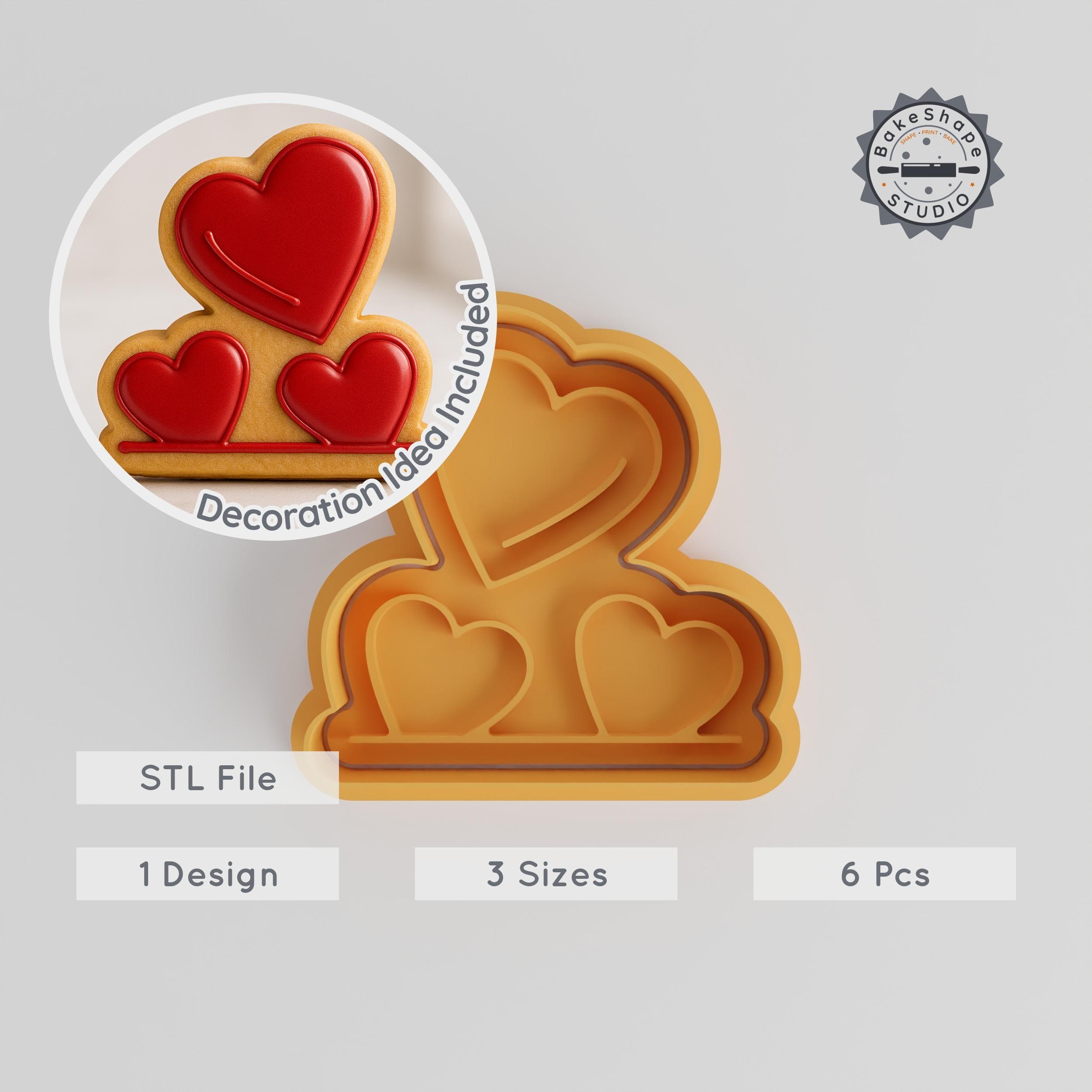 Hearts Cookie Cutter & Stamp Set, Love Shape, Perfect for Fondant, 6 Pcs in S/M/L Sizes PRODUCT_219 3d model
