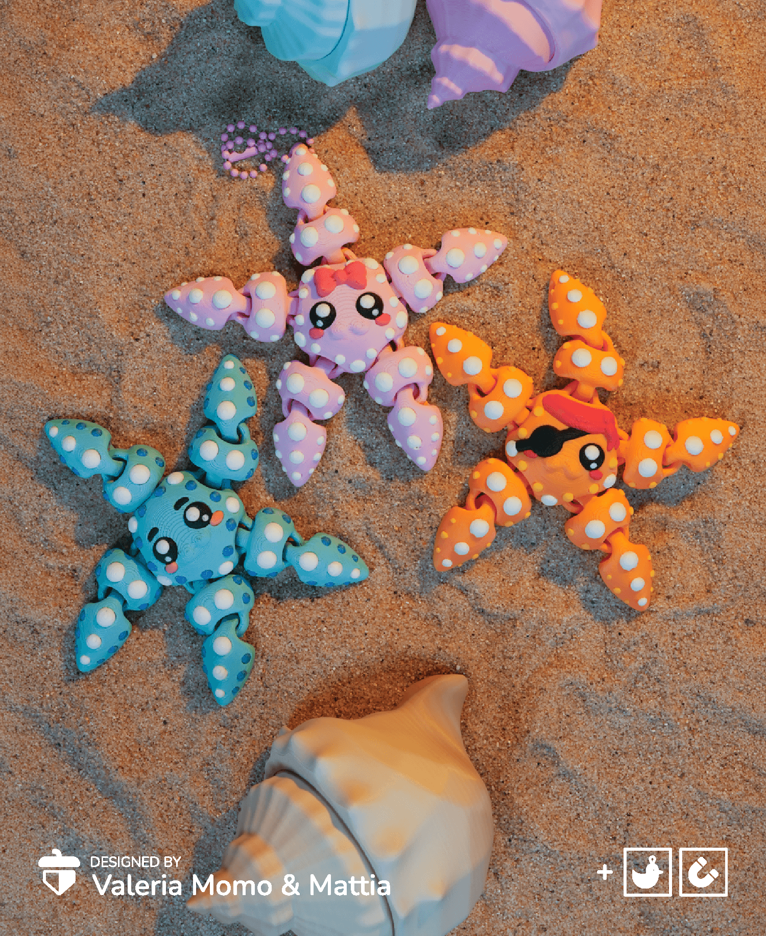 Cute Flexi Starfish (Toy, Keychain, Magnet) + Pirate versions! 3d model
