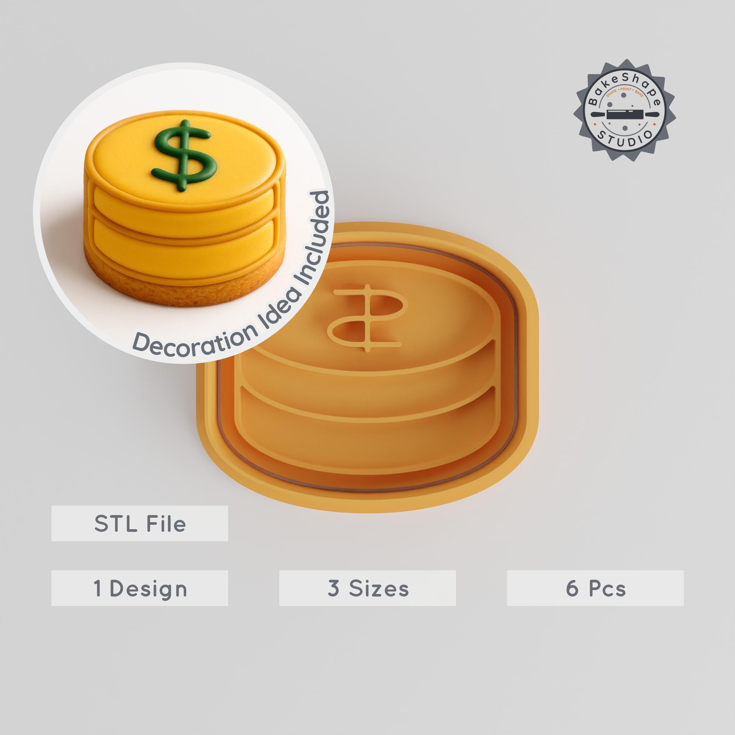 Dollar Shape Cookie Cutter & Stamp Set, Currency Pile Design, 6-Piece Collection, S/M/L Size Options PRODUCT_574 3d model