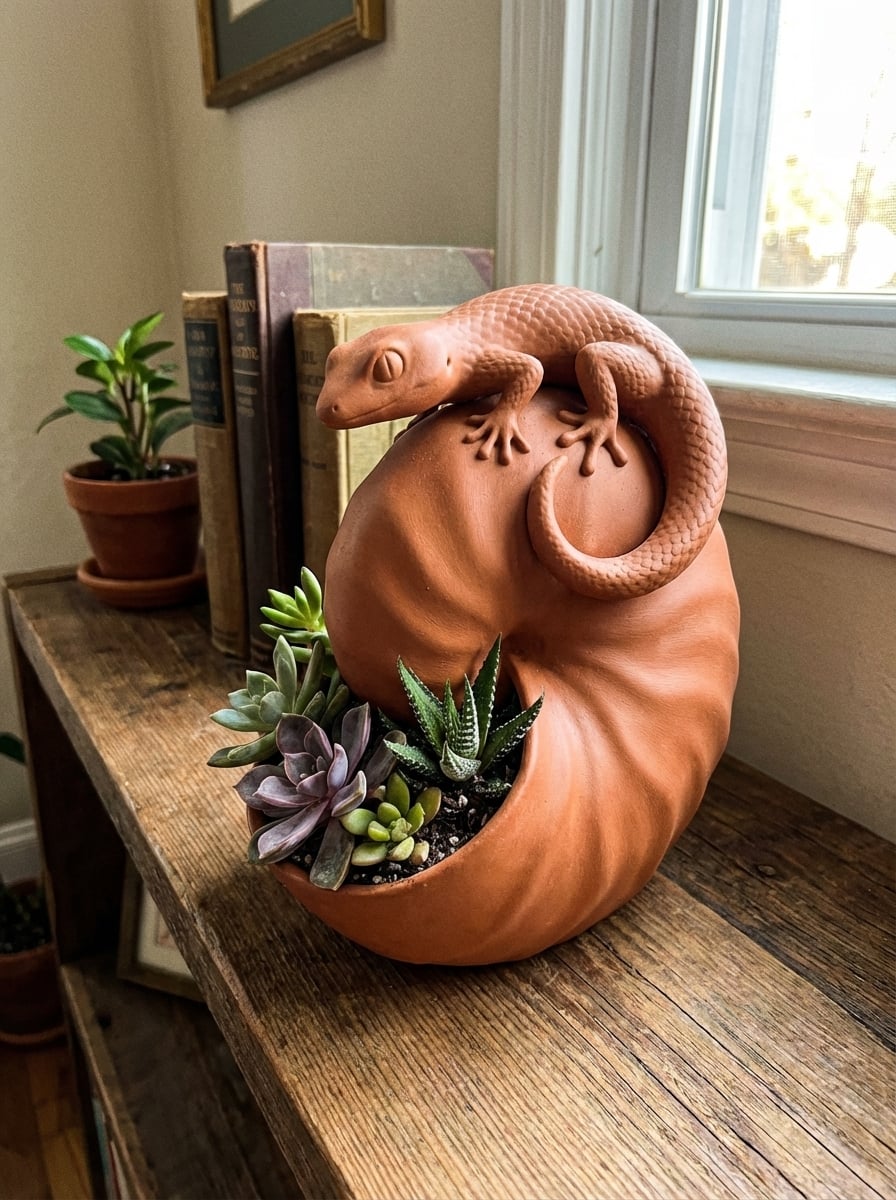 Gecko Shell Succulent Planter - Terracotta Style Lizard Spiral Pot 3d model