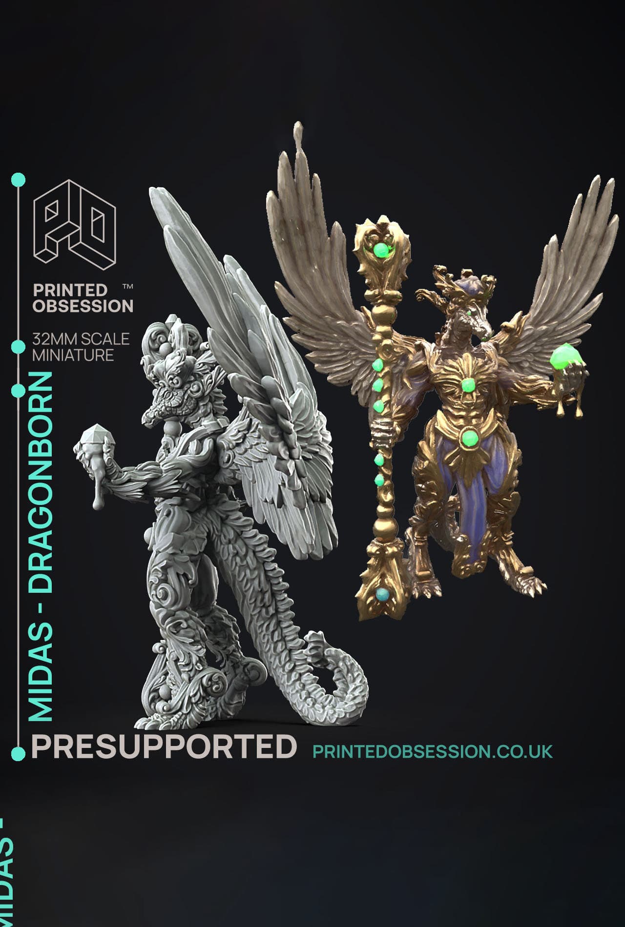 Midas Dragon - Flesh of Gold - PRESUPPORTED - Illustrated and Stats - 32mm scale 3d model