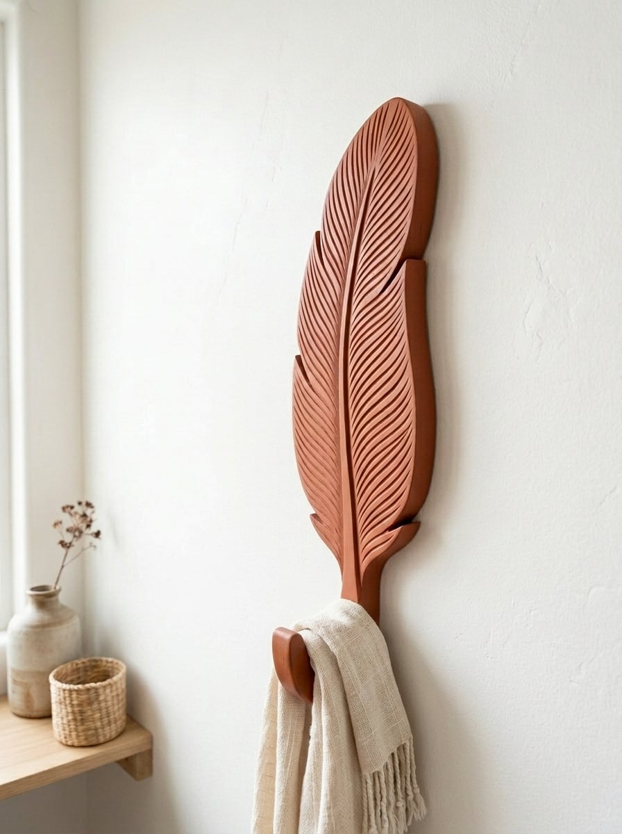 Elegant Bird Feather Wall Hook - Boho Coat & Towel Hanger STL 3d model