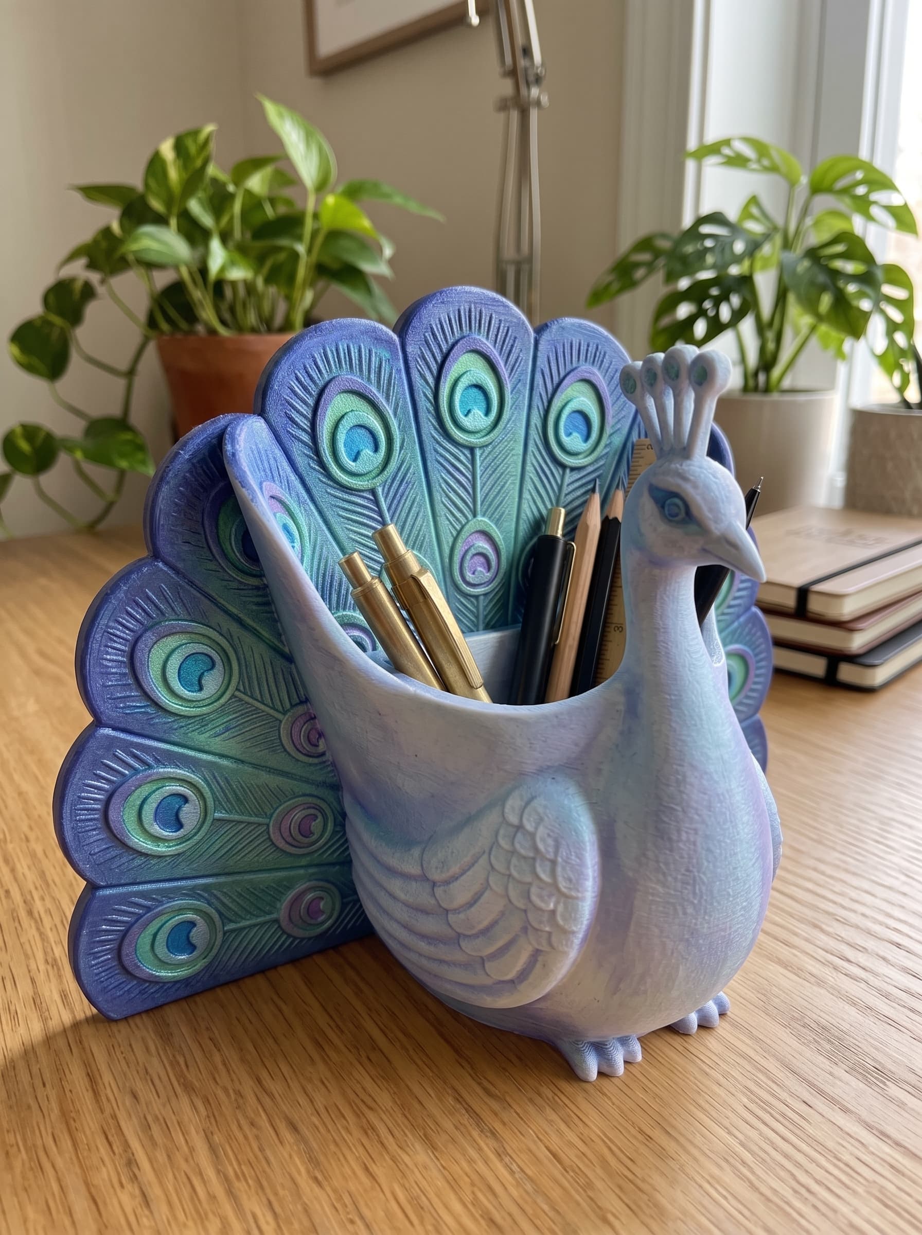 Majestic Peacock Desk Organizer - Elegant Fanned Feather Pen & Makeup Brush Holder 3d model