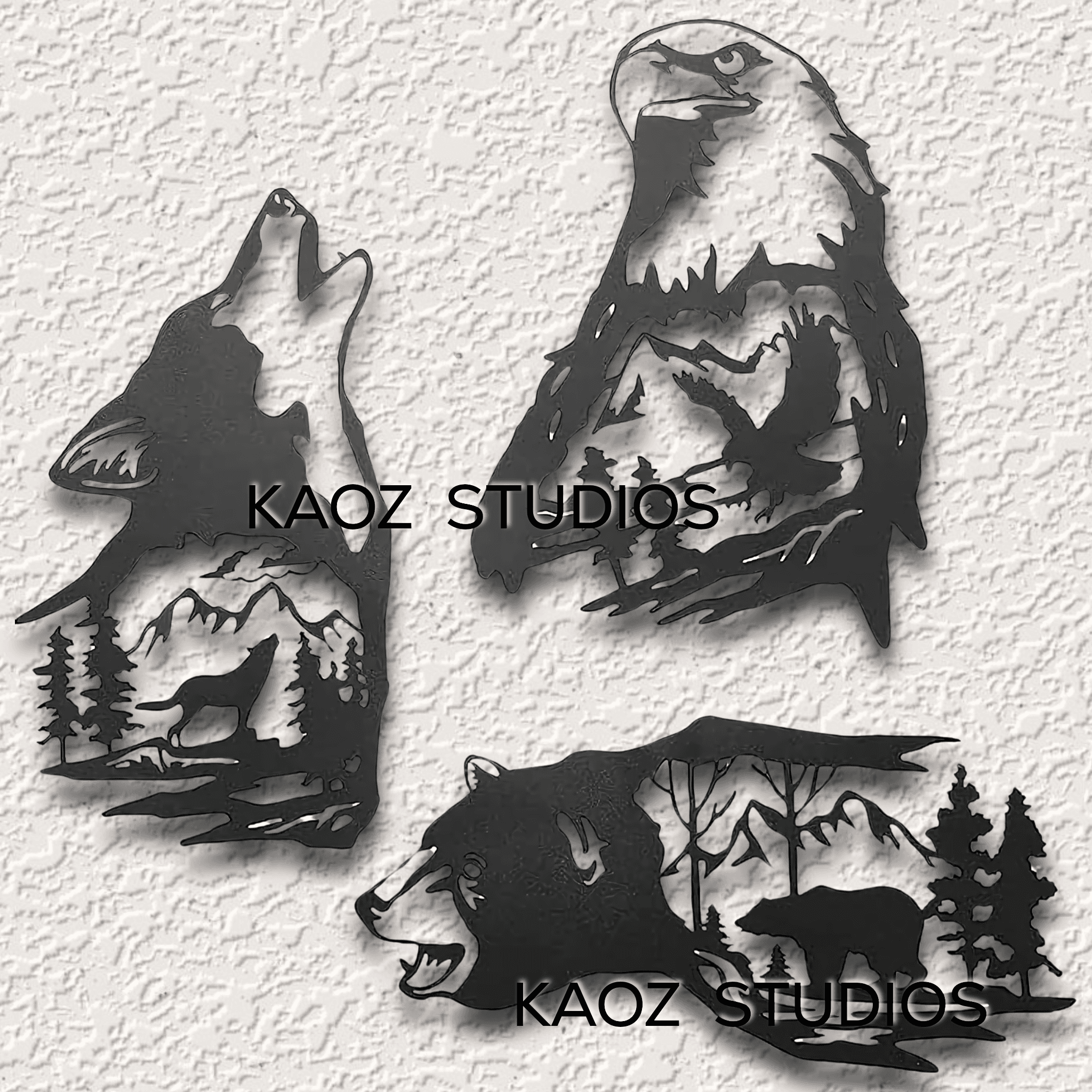 3 piece set eagle wall art bear wall decor wolf decoration nature 3d model