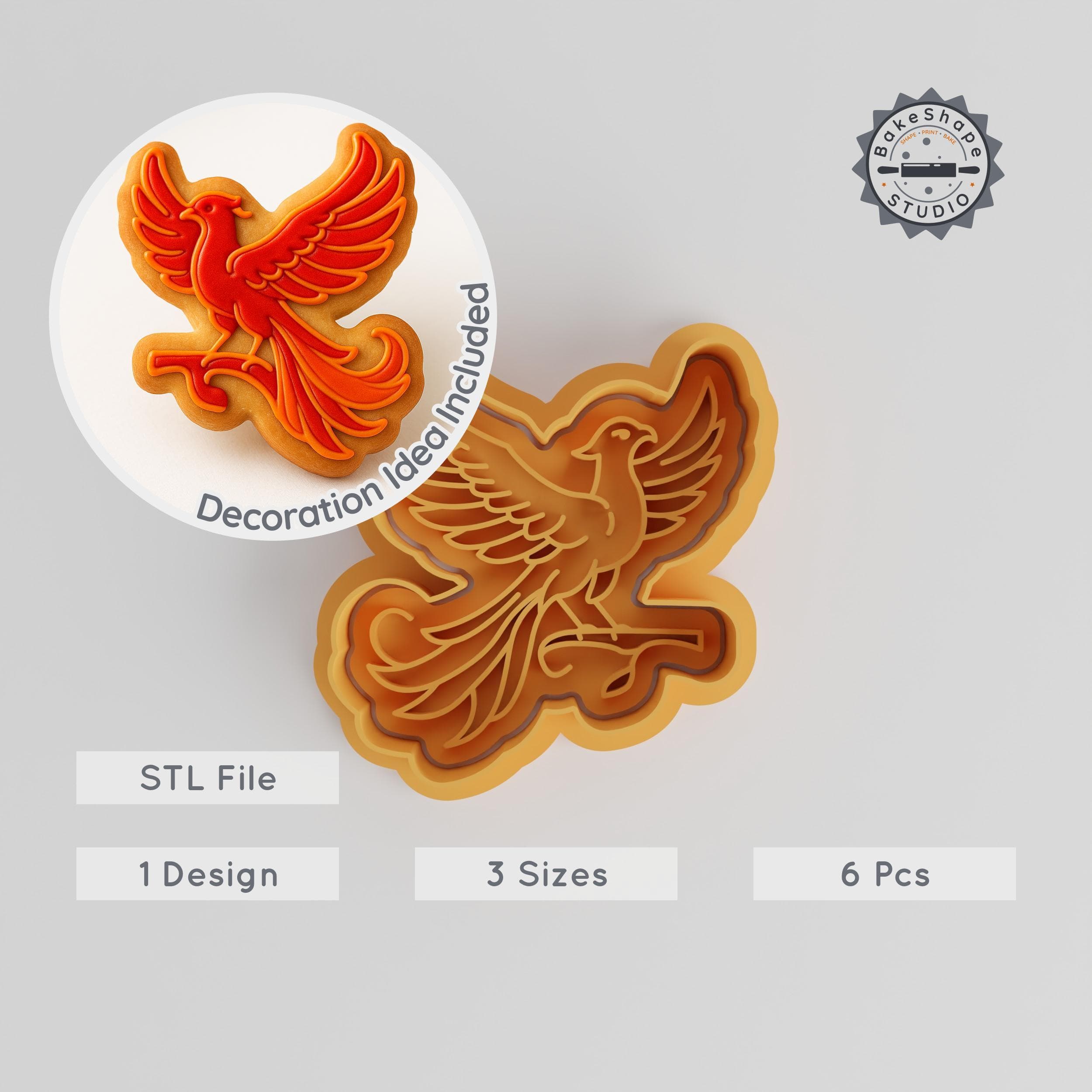 Phoenix Cookie Cutter & Stamp Set, Fire Bird Shapes, Fondant Tool, S/M/L Sizes, Mythical Flame Baking Decor PRODUCT_1032 3d model