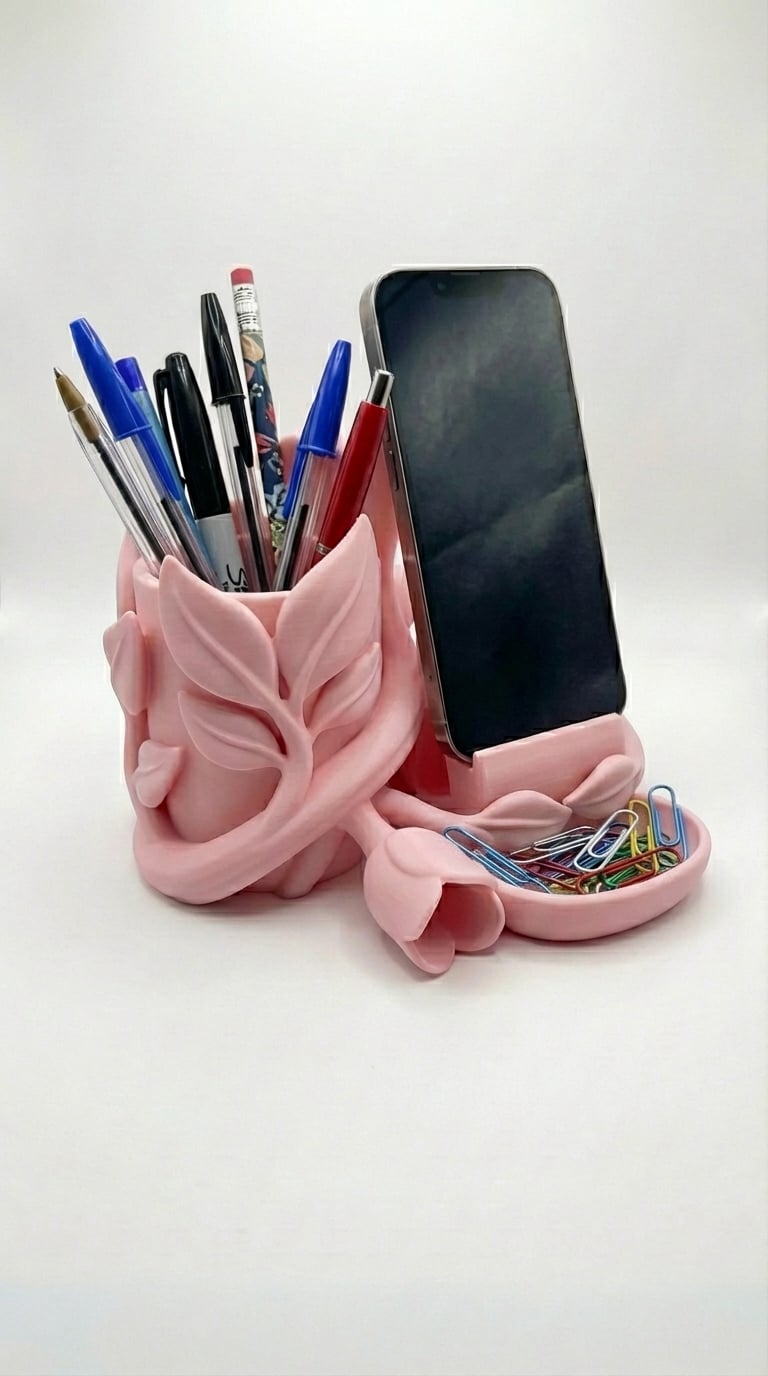 Sculptural Floral Desk Organizer - Phone Stand, Pen Holder & Catchall Tray 3d model