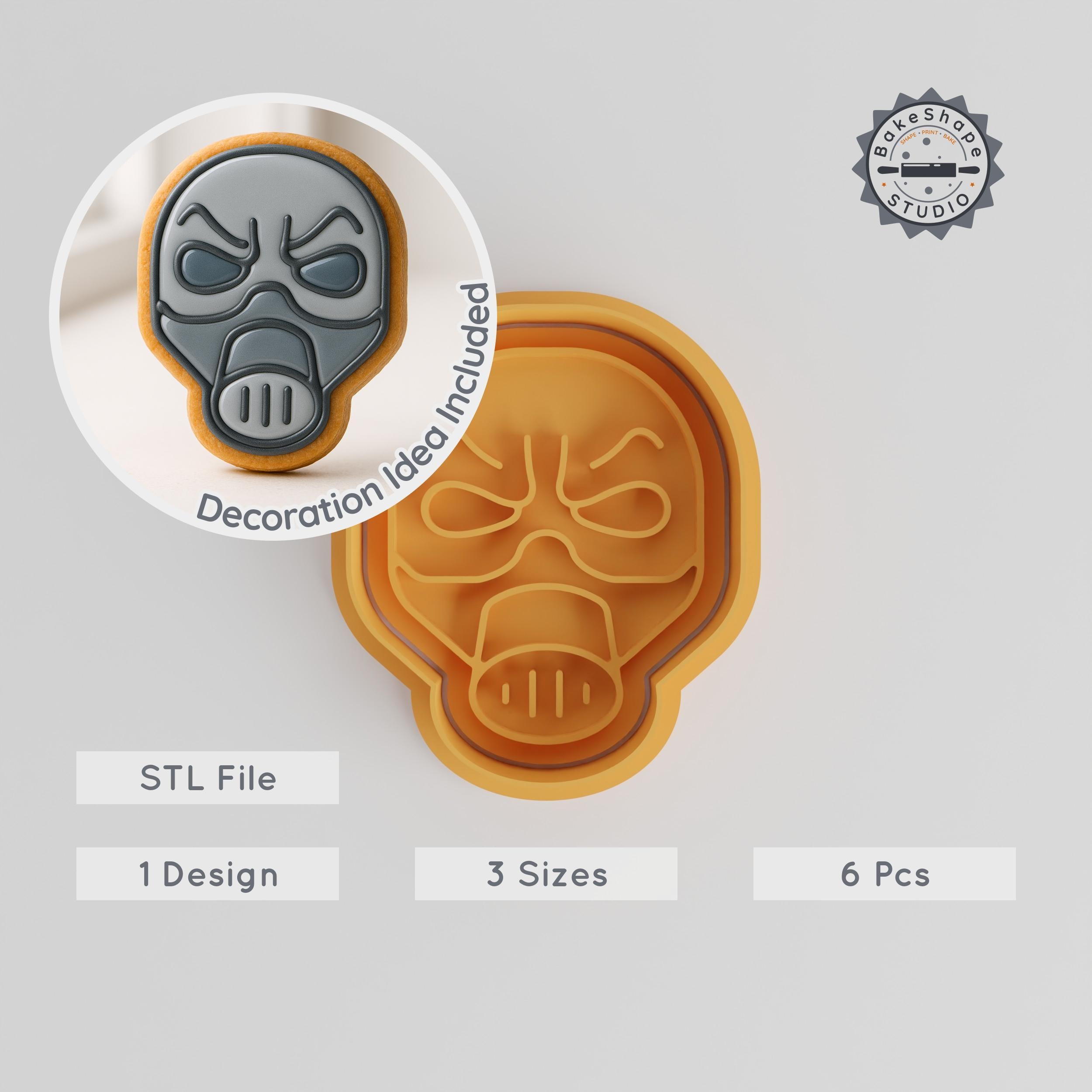 Gas Mask Man Shape Cutter & Stamp Set, Cookie & Fondant Decor, Halloween Horror Theme, 3 Sizes: S/M/L PRODUCT_965 3d model