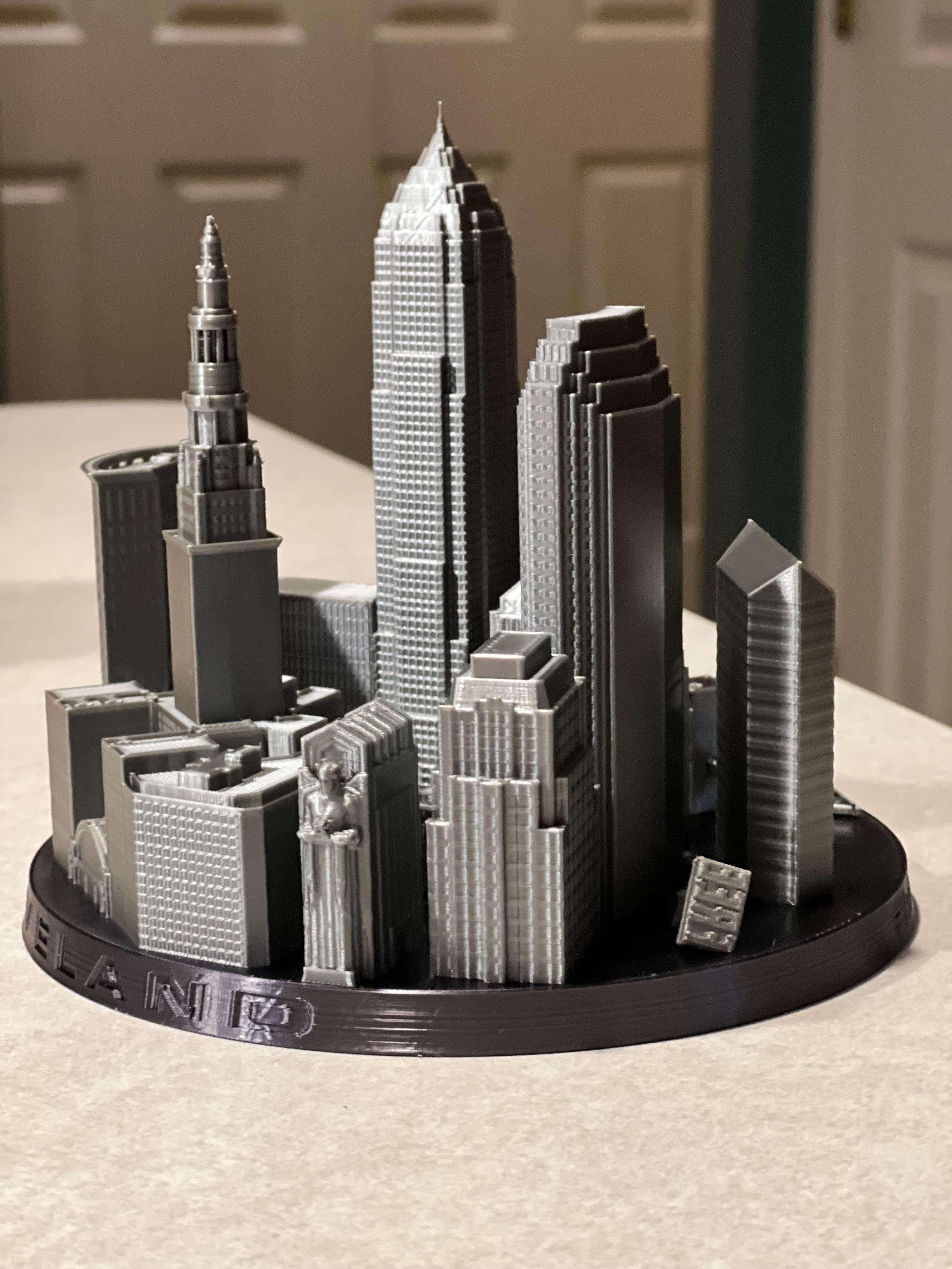 Cleveland Skyline - This is Awesome! 
I used Black silk for the base and switched out filament to silver silk for the building's.
Printed at 100% scale with 20% infill on a 
Ender 3 Neo.
 - 3d model