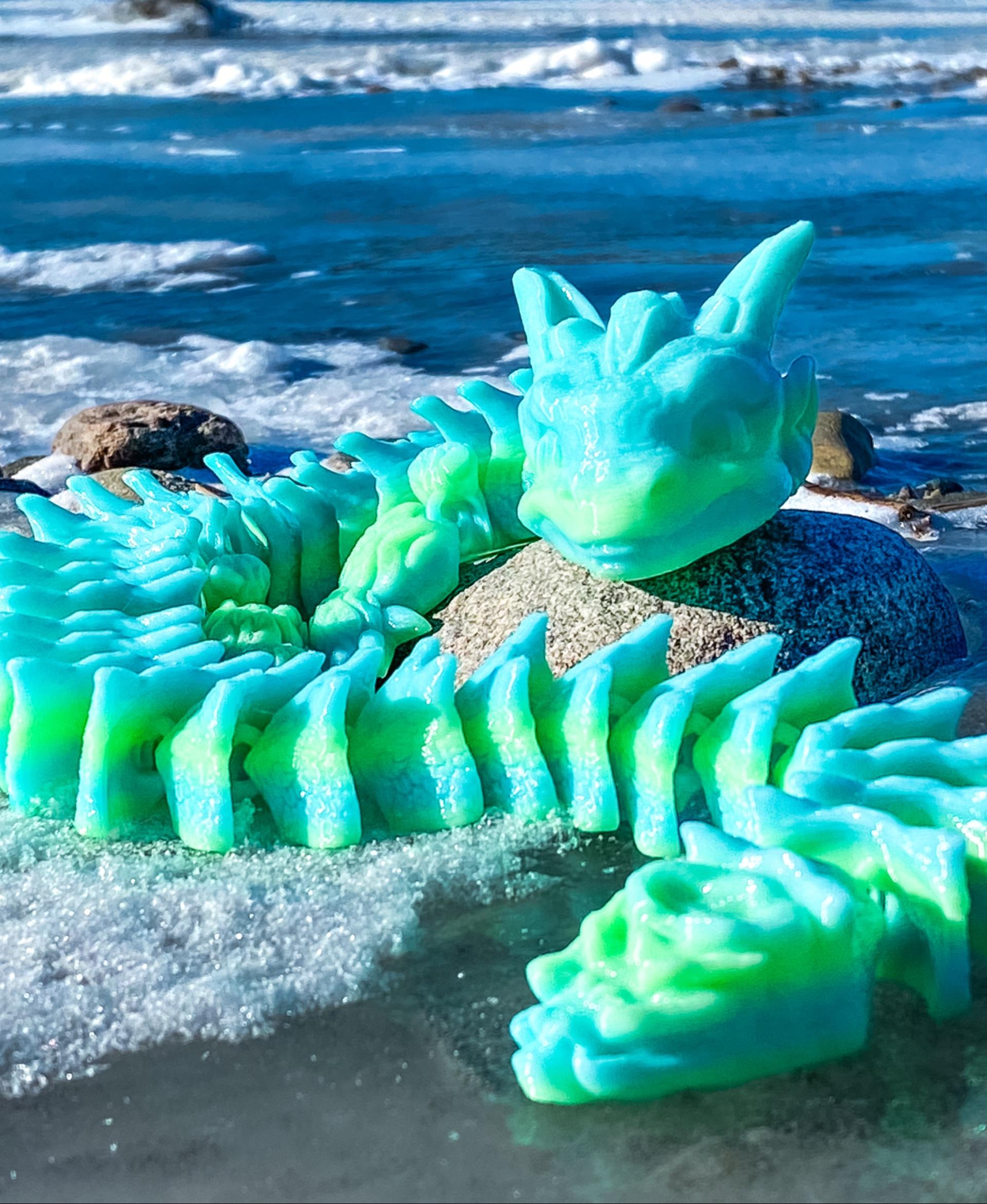 Cold Spell, Winter Dragon - Articulated Dragon Snap-Flex Fidget (LooseJoints) - I took Cold Spell to the beach because I wanted to capture the icy vibes of this dragon. Printed in Isanghu PetG.  - 3d model