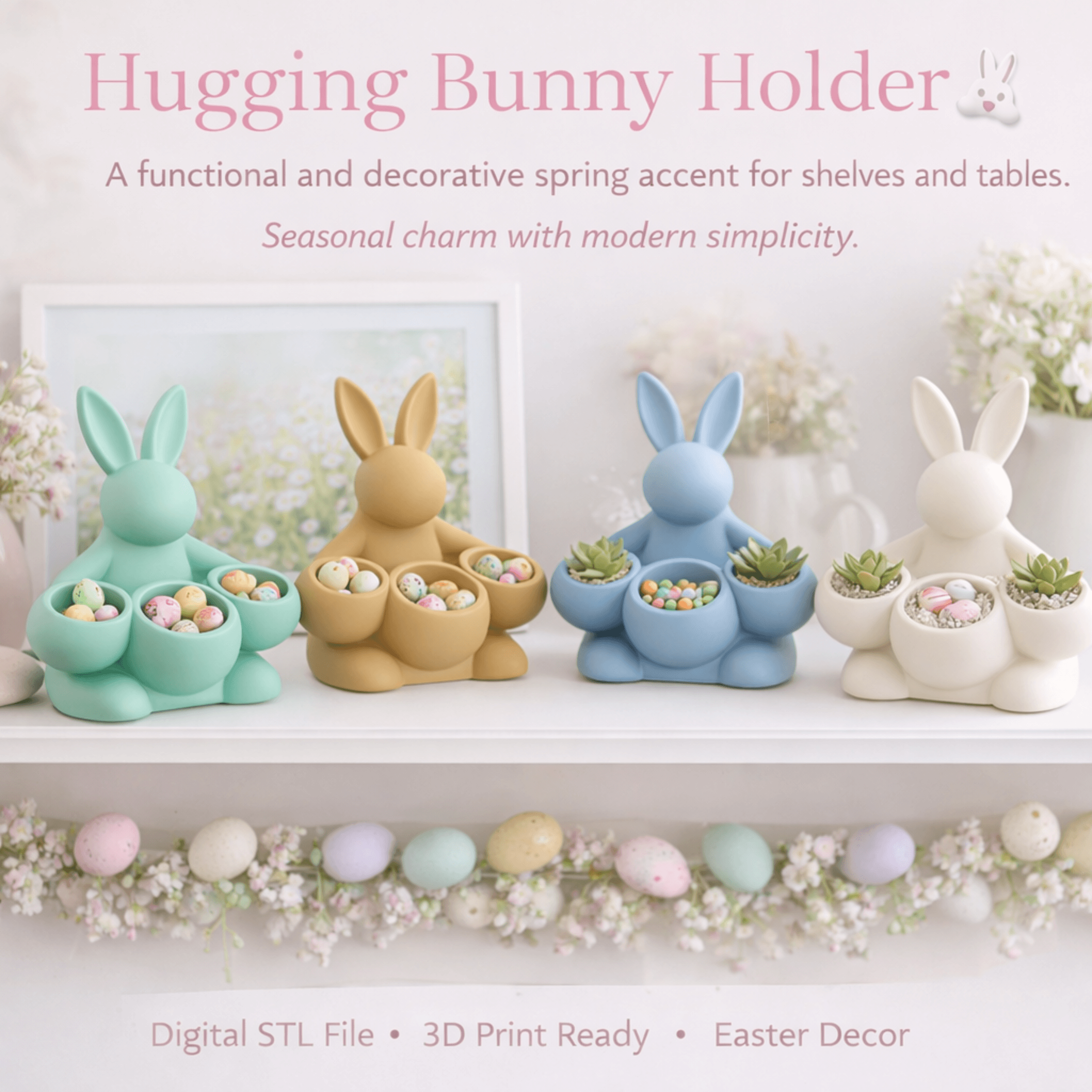 Easter Bunny Egg Holder STL-Hugging Bunny-Spring Table Decor-Succulent Planter 3d model
