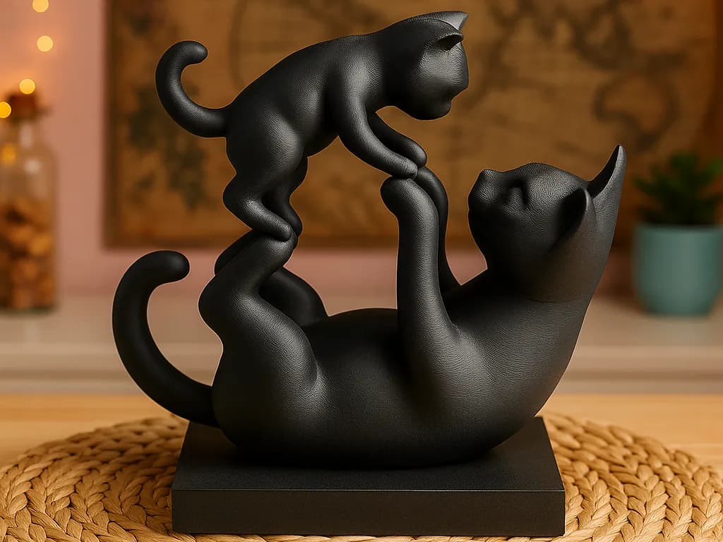 Playful Bond Sculpture – Cat and Kitten Figurine 3d model