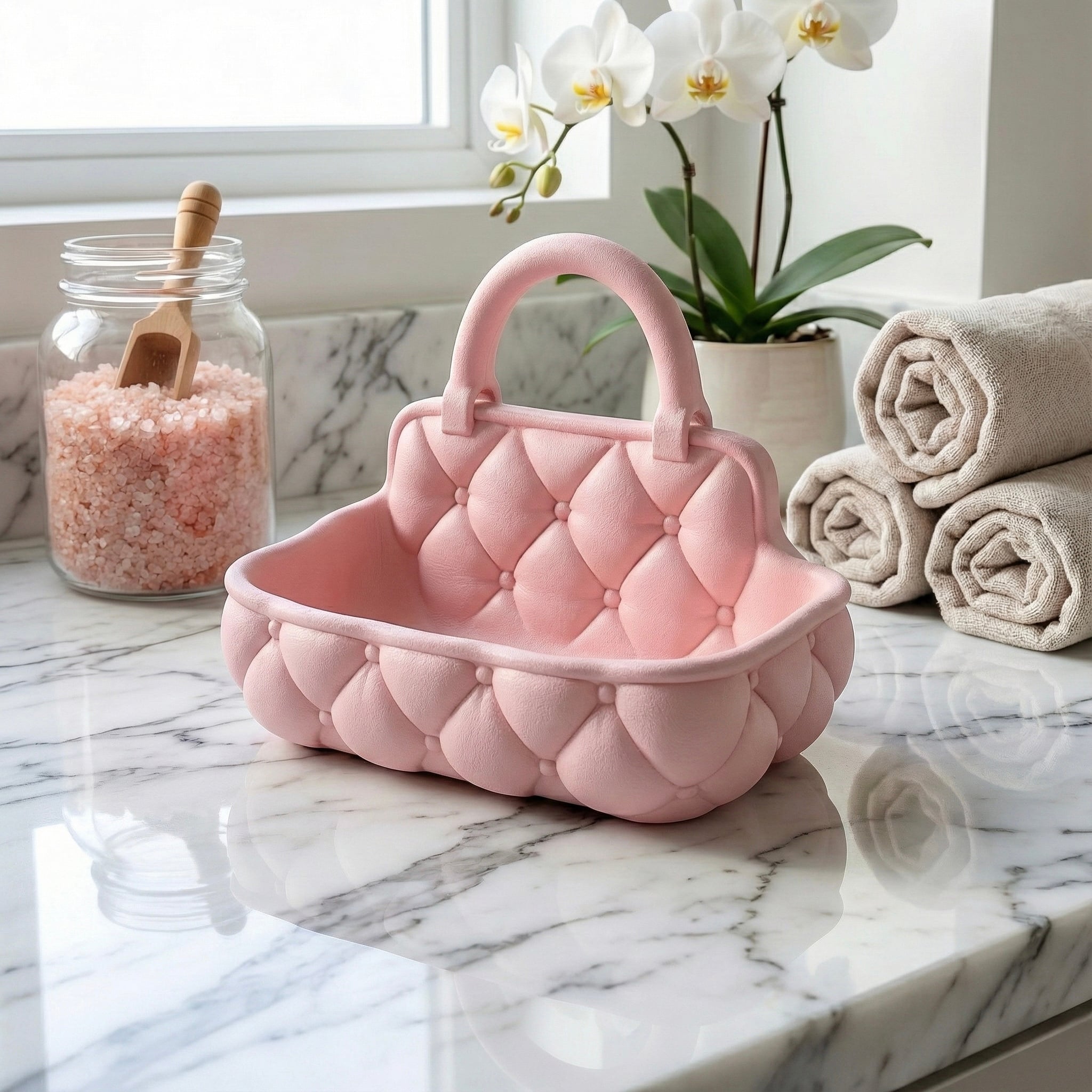 Quilted Vanity Catchall Basket | Soft-Form Sculptural Organizer with Handle 3d model