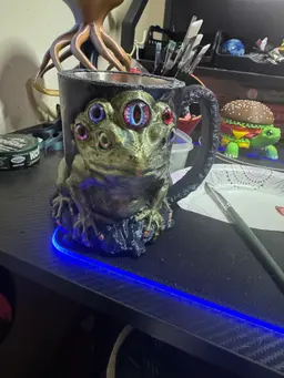 this was a cool print to do and paint . However there was a gap on the brim allowing for movement of the metal tumbler insert even after attempting to glue it withe6000. I had to take my 3d print pen to seal the gap all around it , mind you it injected some into the gap before filling so i could continue around . i started with 2 loops off the spool of the same filament i printed from and when finished had around half a loop left . 3d model