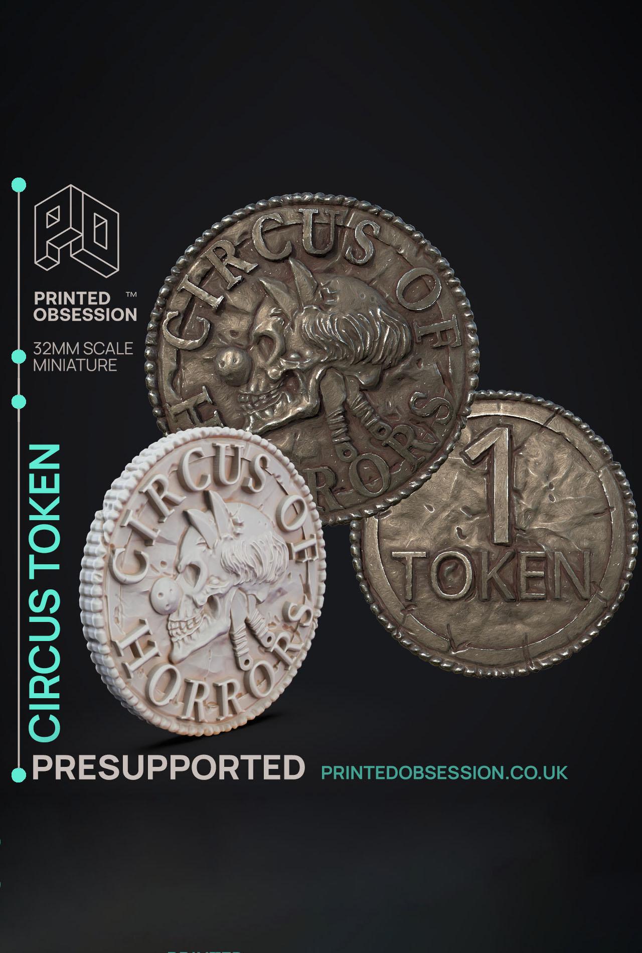 Circus Token - Jerrys Circus of Horror - PRESUPPORTED - Illustrated and Stats - 32mm scale			 3d model