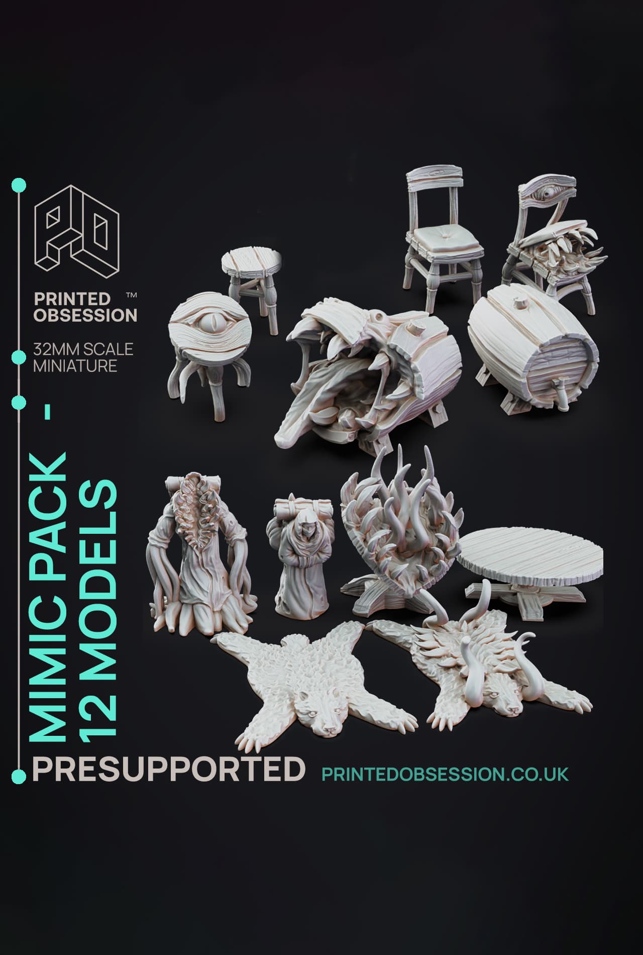 Furniture Mimics - 10 models - PRESUPPORTED - Illustrated and Stats - 32mm scale 3d model