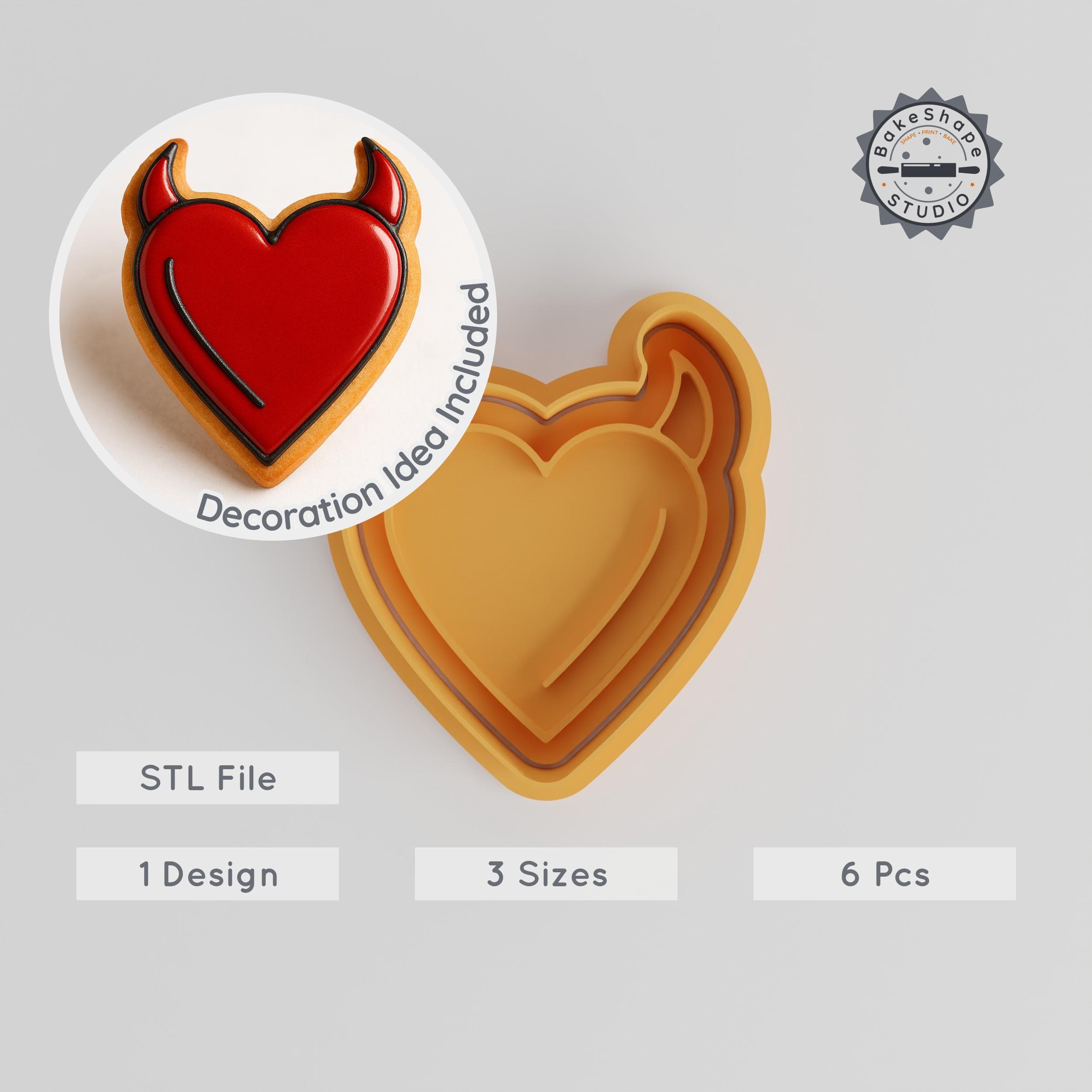 Devil Heart Cutter & Stamp, Cookie & Fondant, 3 Sizes S/M/L, 6 Piece Set, Sinful Heart Design PRODUCT_199 3d model