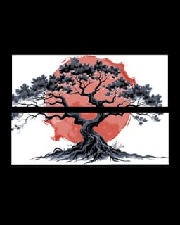 A set of bookmarks of the tree of life set against a blood red sun 3d model