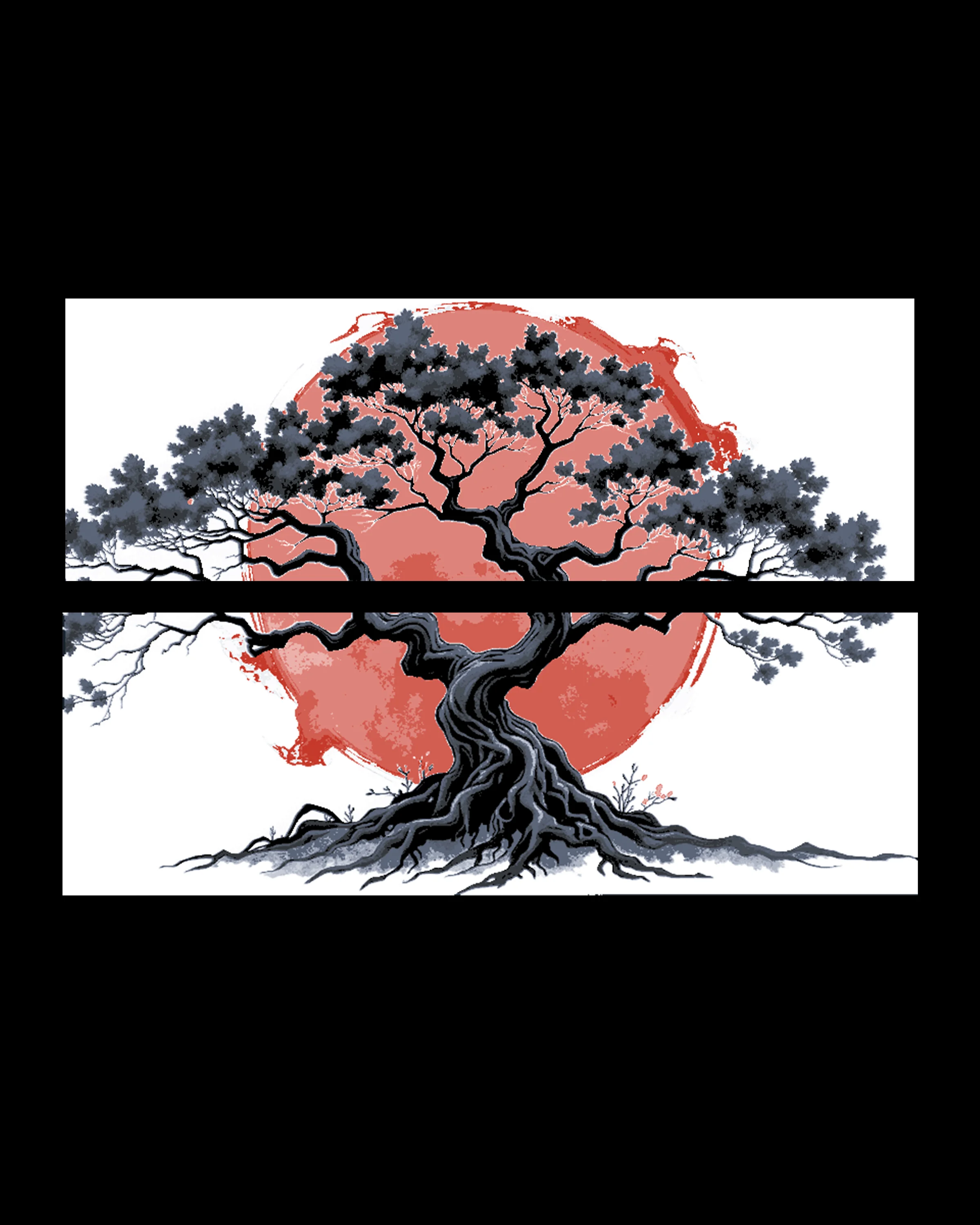 A set of bookmarks of the tree of life set against a blood red sun 3d model