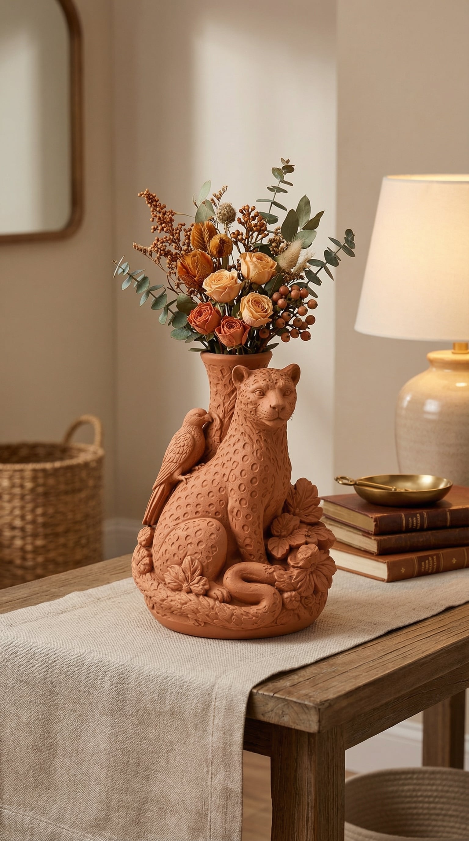 Sculptural Leopard and Bird Vase - Majestic Wildlife Botanical Art 3d model