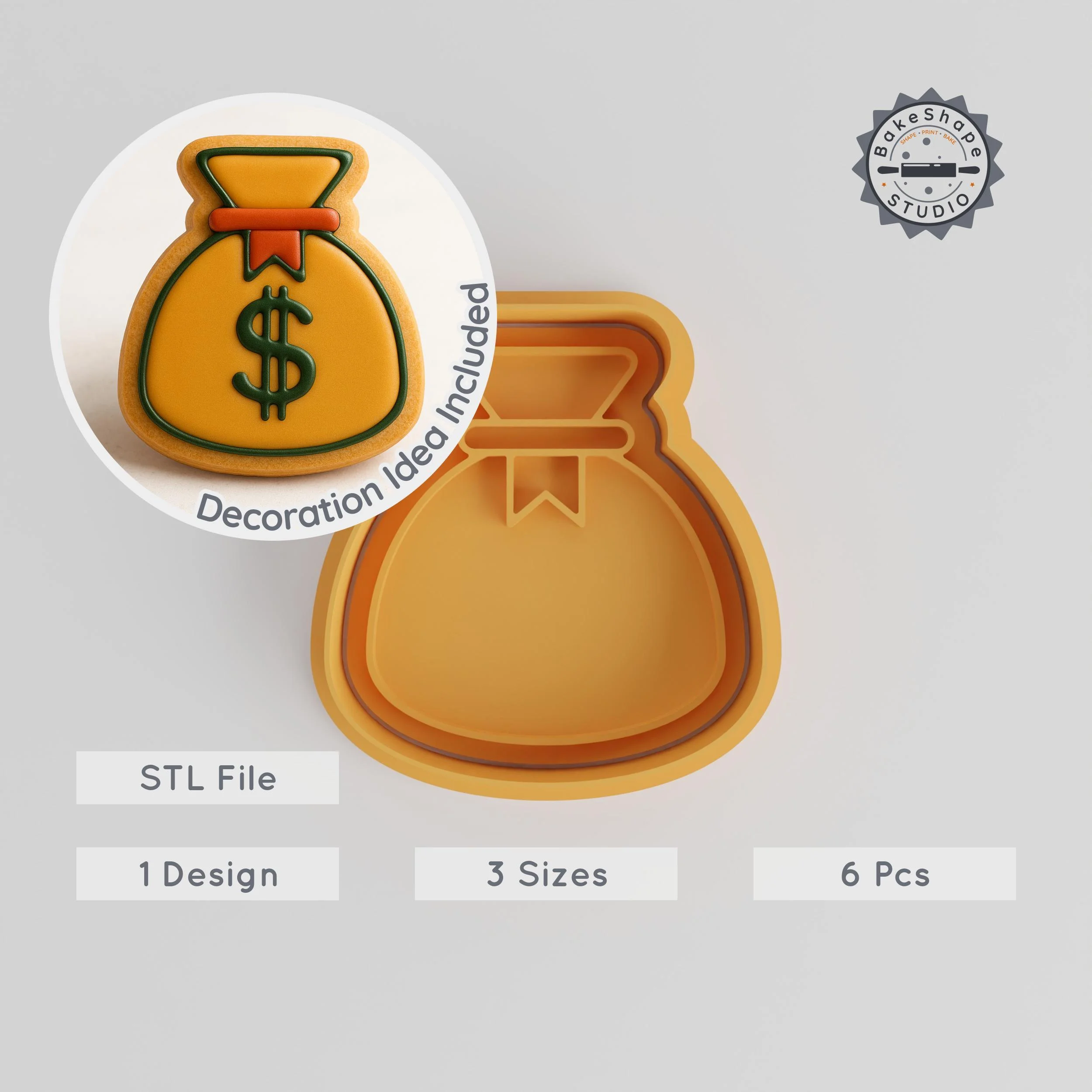 Sack Shape Cutter & Stamp Set, Cookie & Fondant Tool, Money Bag Design, 3 Sizes, 6 Pcs PRODUCT_349 3d model