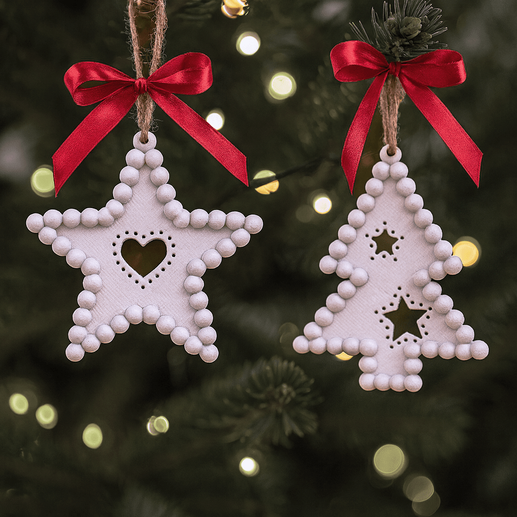 Beaded Christmas Ornament Set | Tree & Star Cutout Holiday Decor | Pearl Look Festive Hanging 3d model