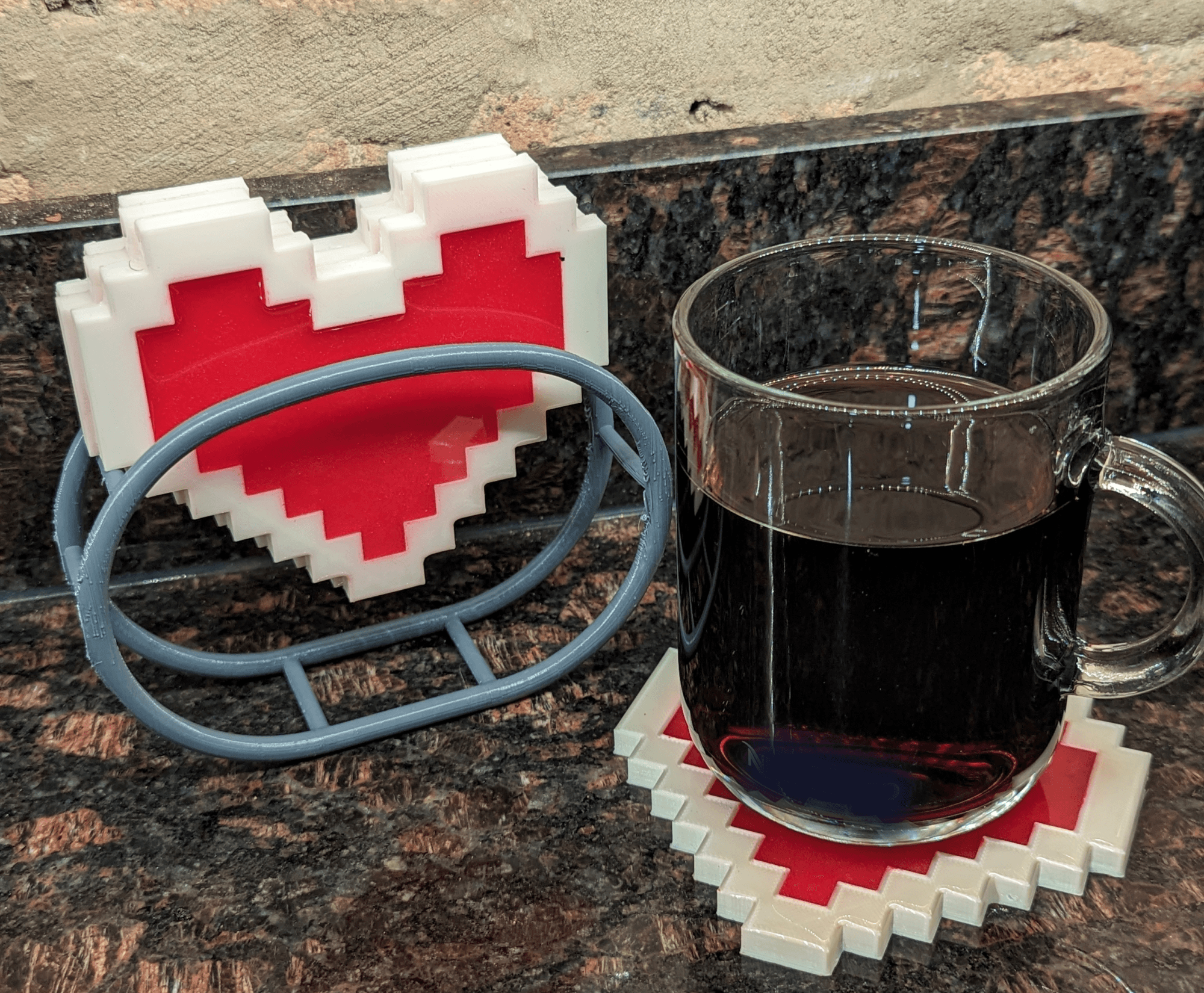 Pixel Heart-Shaped Coasters + Holder 3d model