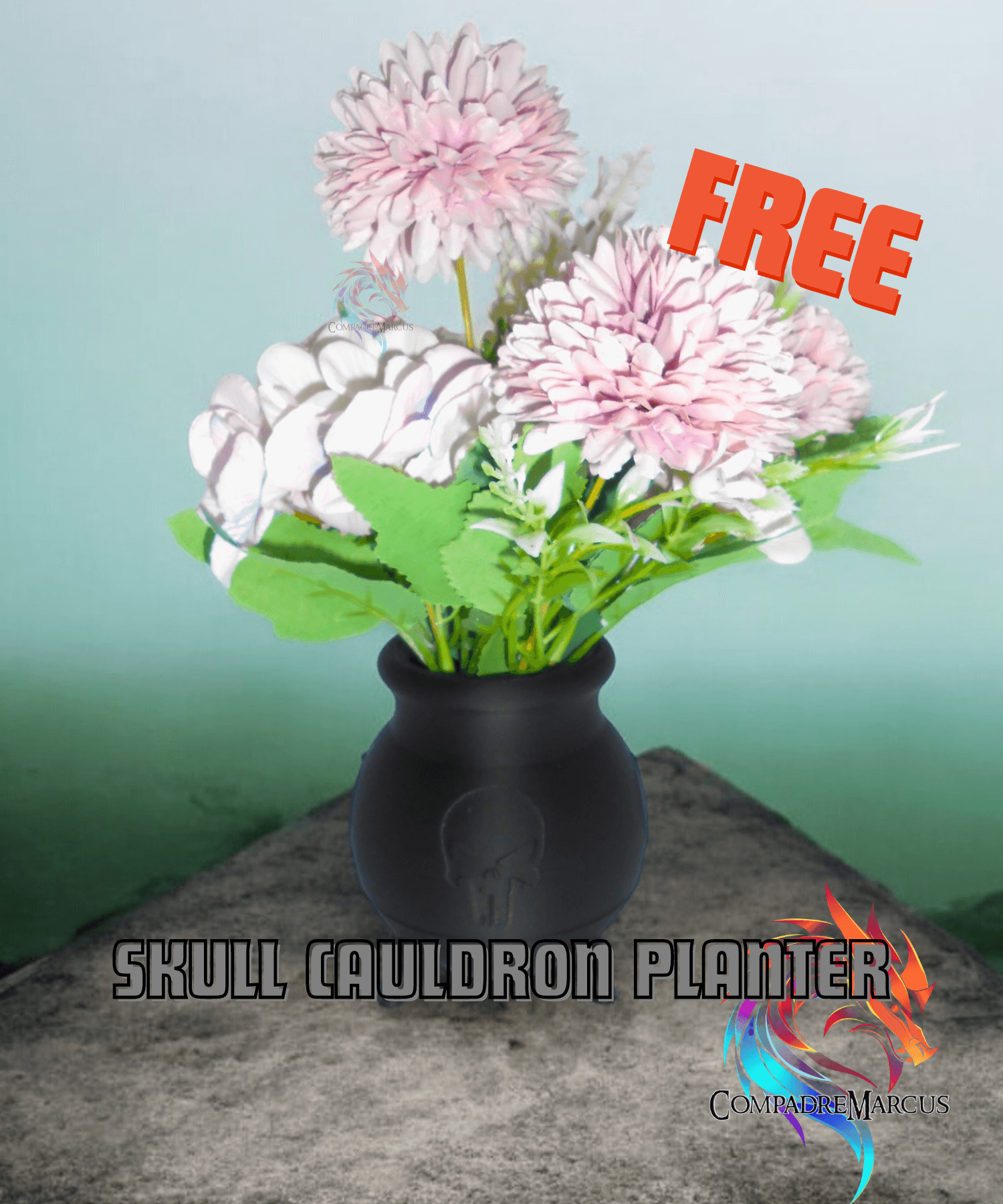Cauldron Skull Planter / no supports 3d model