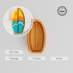 Surfboard Shape Cutter & Stamp, Cookie & Fondant Decor, Summer Beach Surfing, 6-Piece Set, S/M/L Sizes PRODUCT_524 3d model