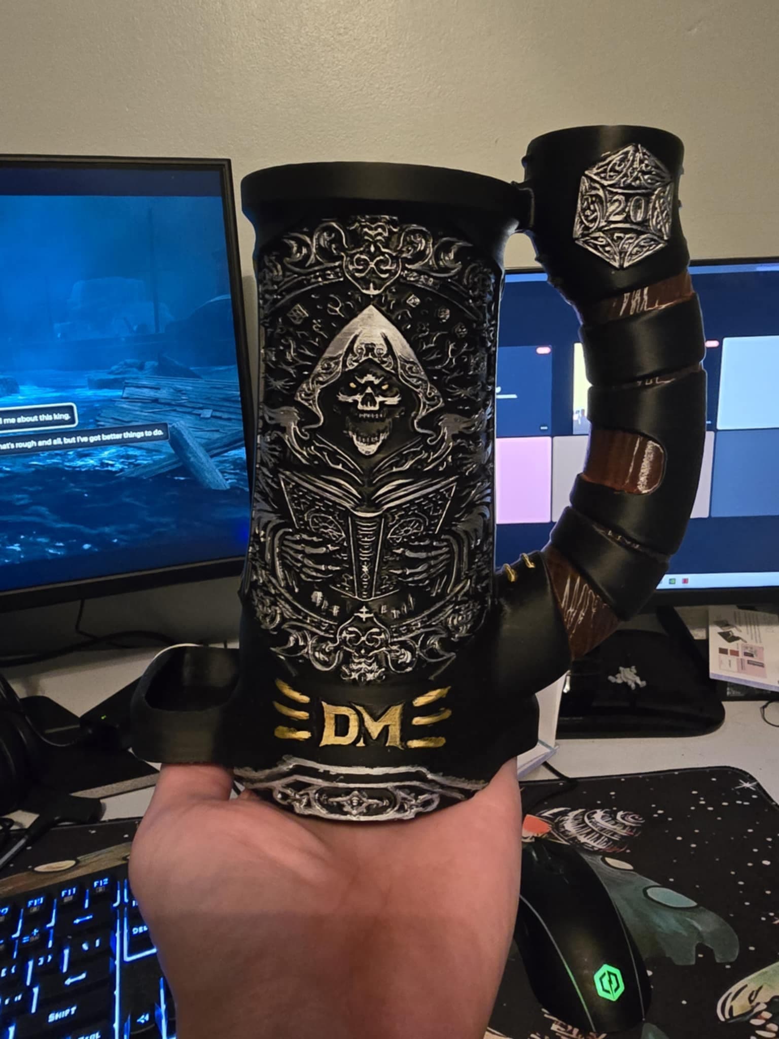 Went with black PLA and used acrylic paint pens to color it.