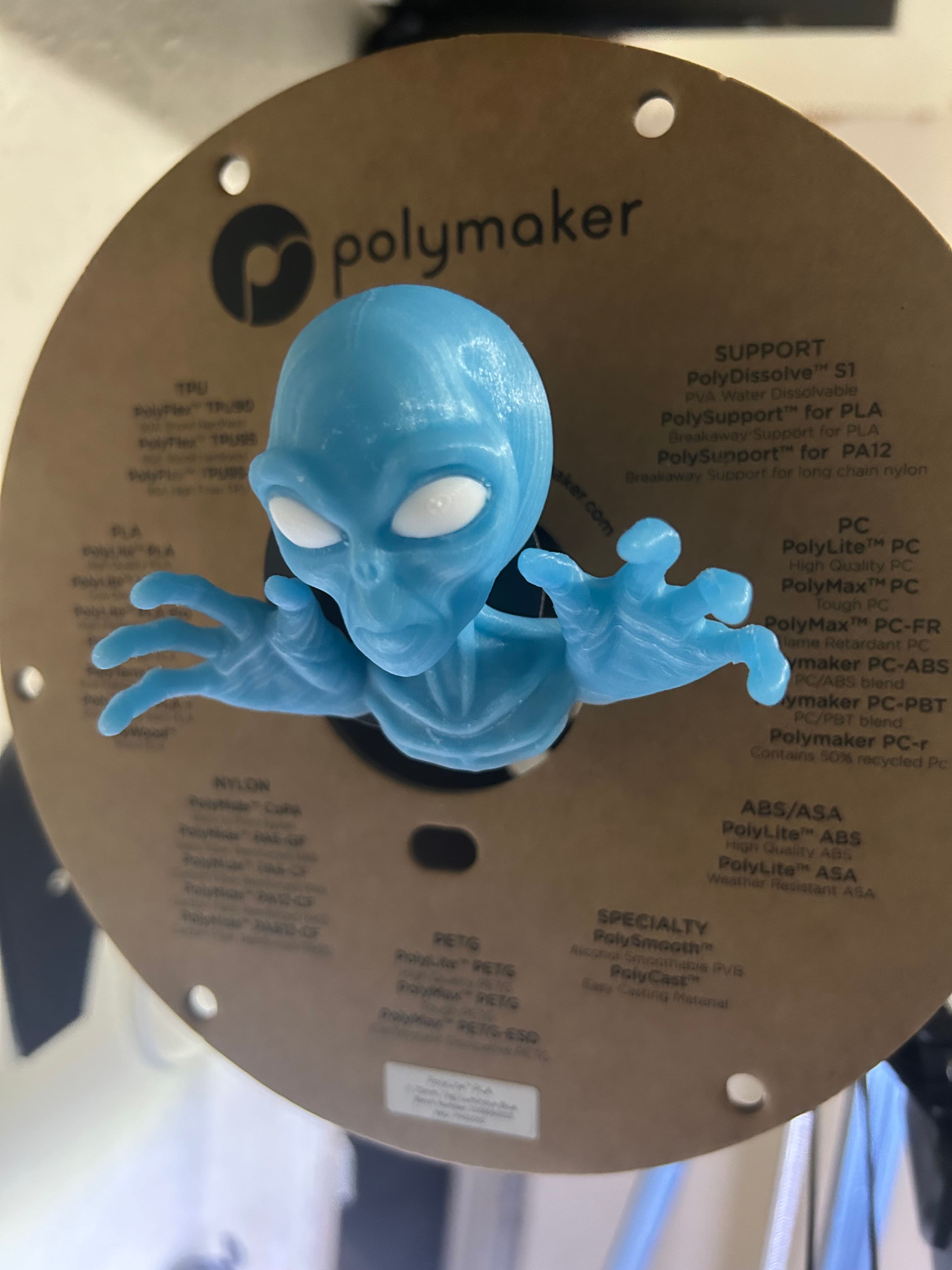 “We come in peace.” Print turned out great using Polymaker Luninous blue filament.