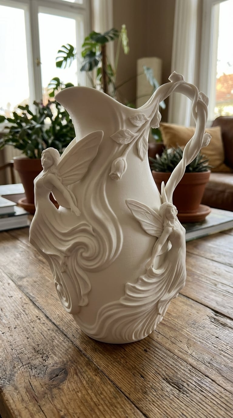 Ethereal Fairy Garden Sculptural Pitcher – Whimsical Art Nouveau Home Decor 3d model