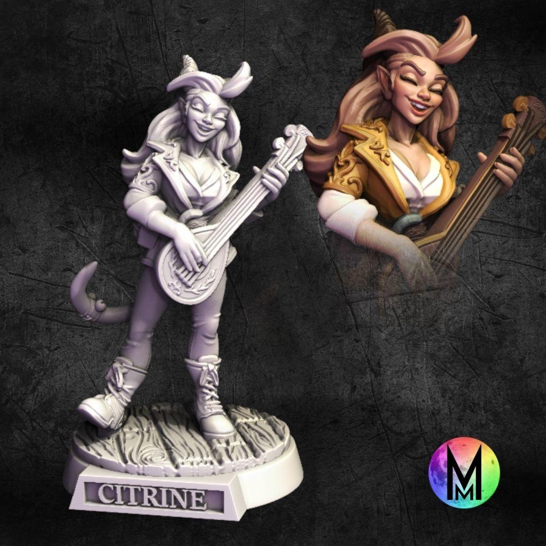 Female Tiefling Bard - Citrine the Tiefling Bard ( Happy female bard playing stringed instrument ) 3d model