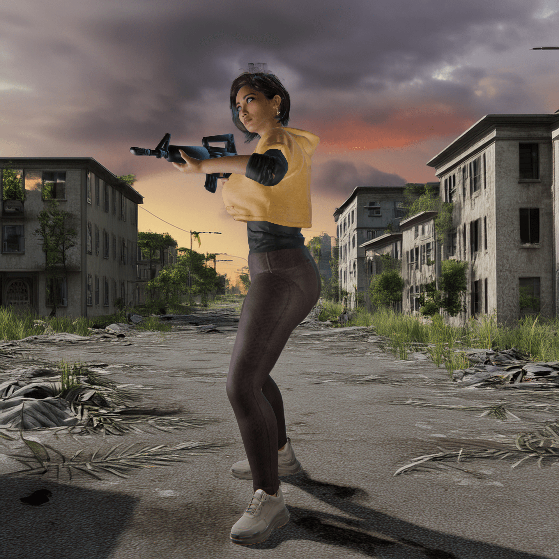 Asian Woman with Assault Rifle v2 3d model