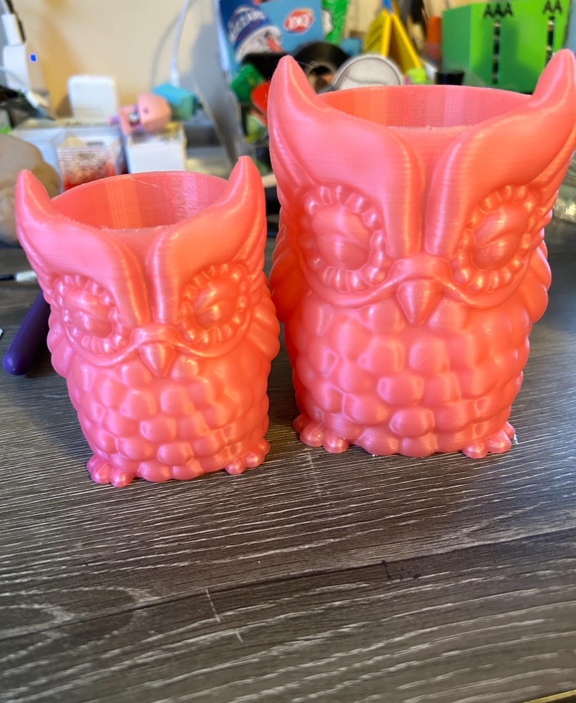 Owl Planter and Owl Pencil pot - Haven't got a chance to throw plants in these yet, but they turned out fantastic! I used Hacthbox Color Change PLA, so when they get warmer, they turn into a lighter orange-ish. Great models! - 3d model