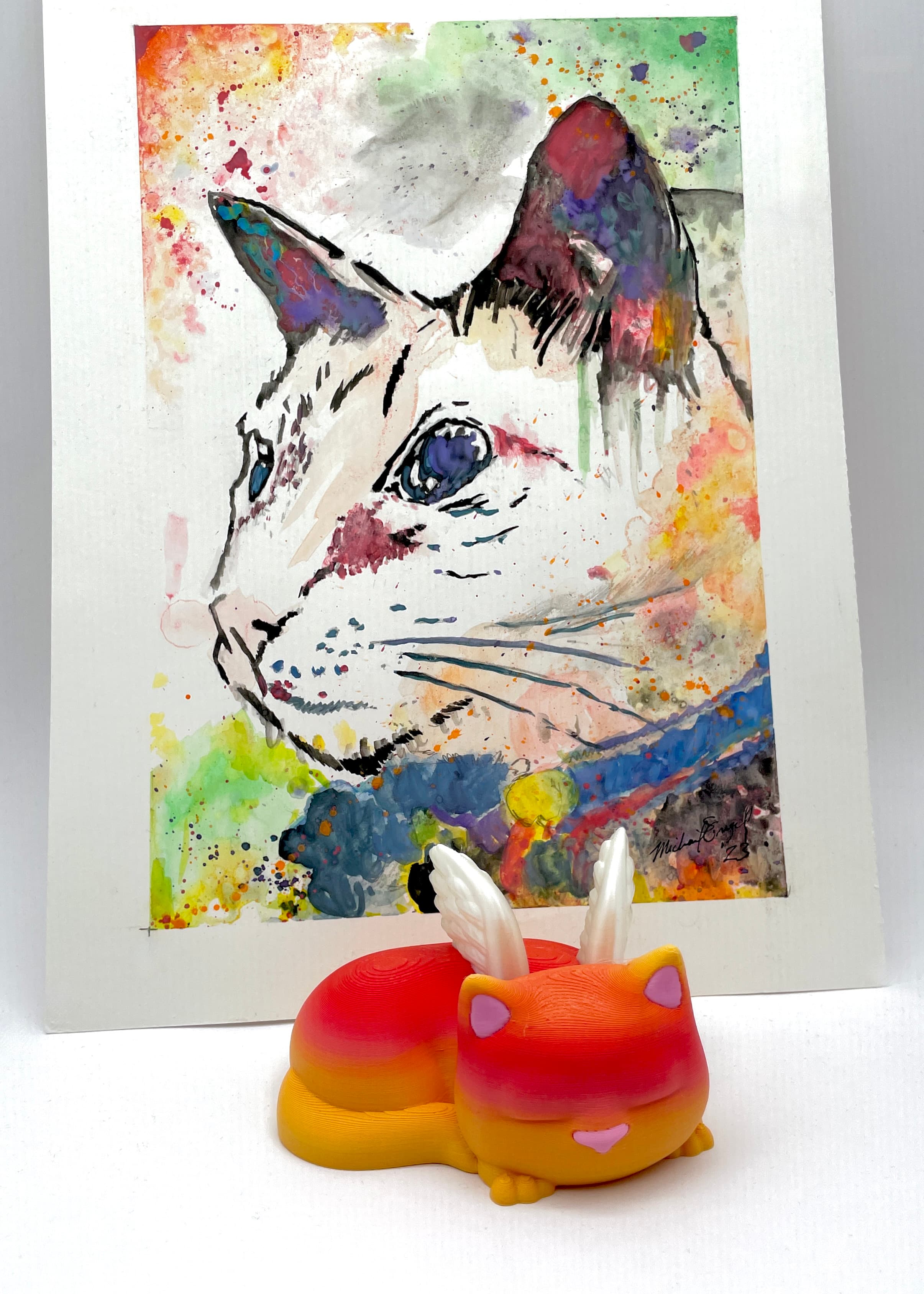 My beloved PK, with art by Fixumdude. A lovely model, and tribute to Furball!
Polymaker Fall Gradient, Pink and Silk White PLA.