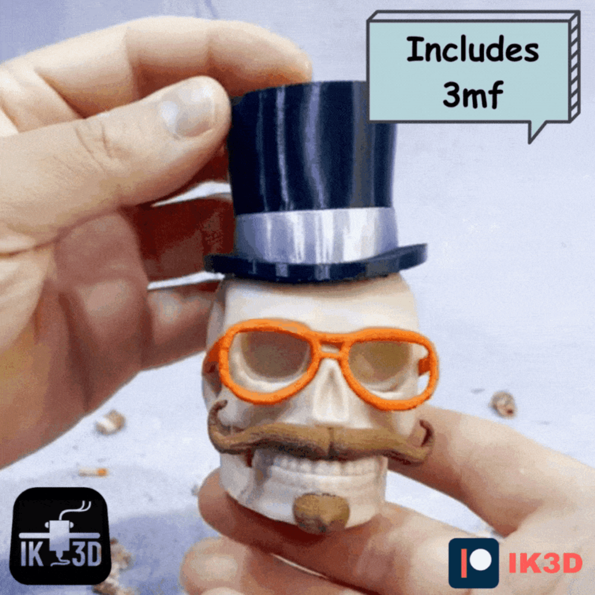 Skull Figurine with Top Hat, Moustache and Glasses / 3MF Included 3d model