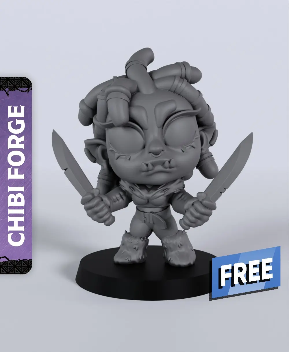 Female Half-Orc Fighter Chibi - With Free Dragon - 5e DnD Inspired for RPG and Wargamers 3d model